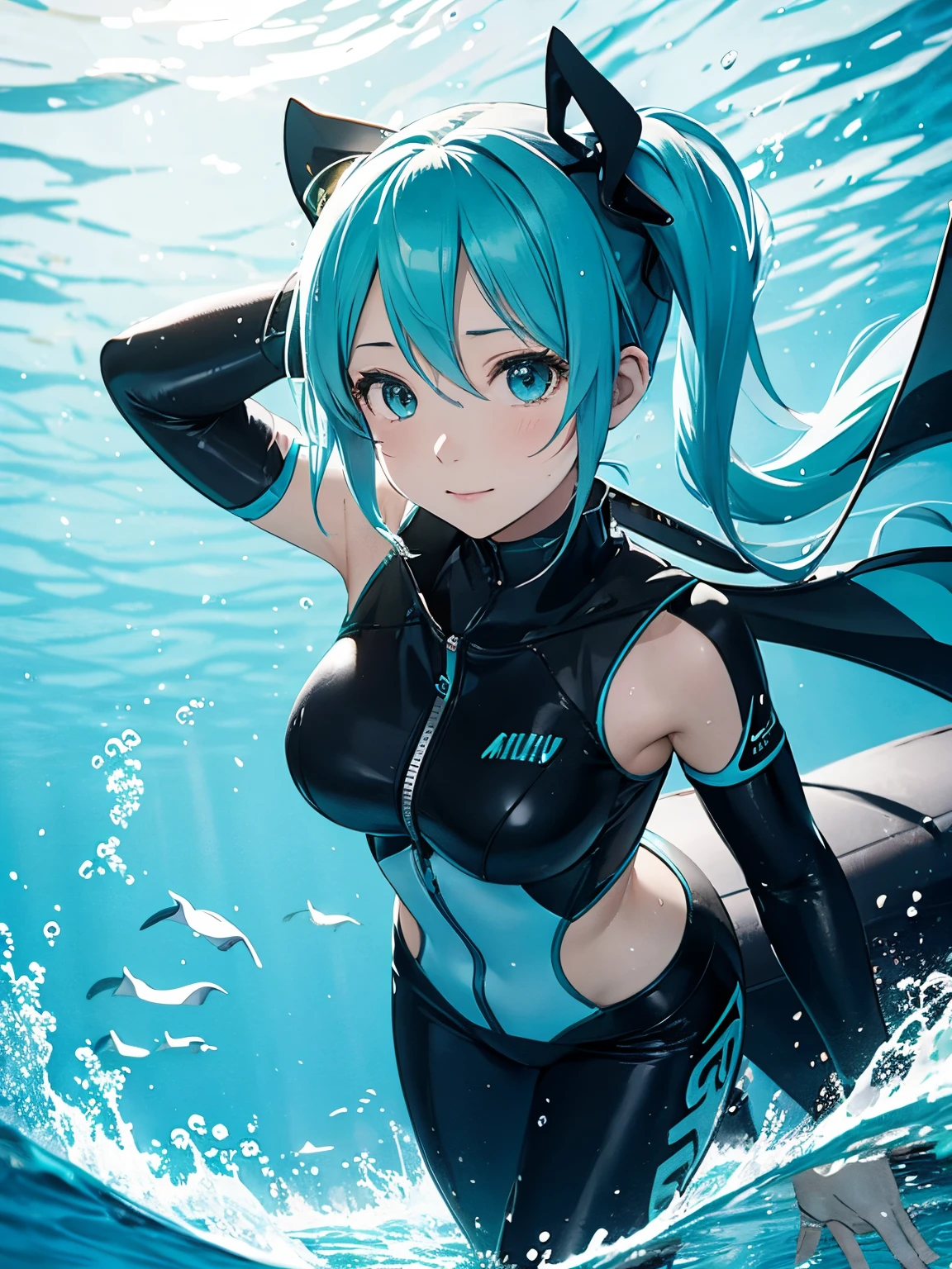miku hatsune,Beautiful breasts,wet suit,Diving,snorkel,bottom of the ocean(Sand)