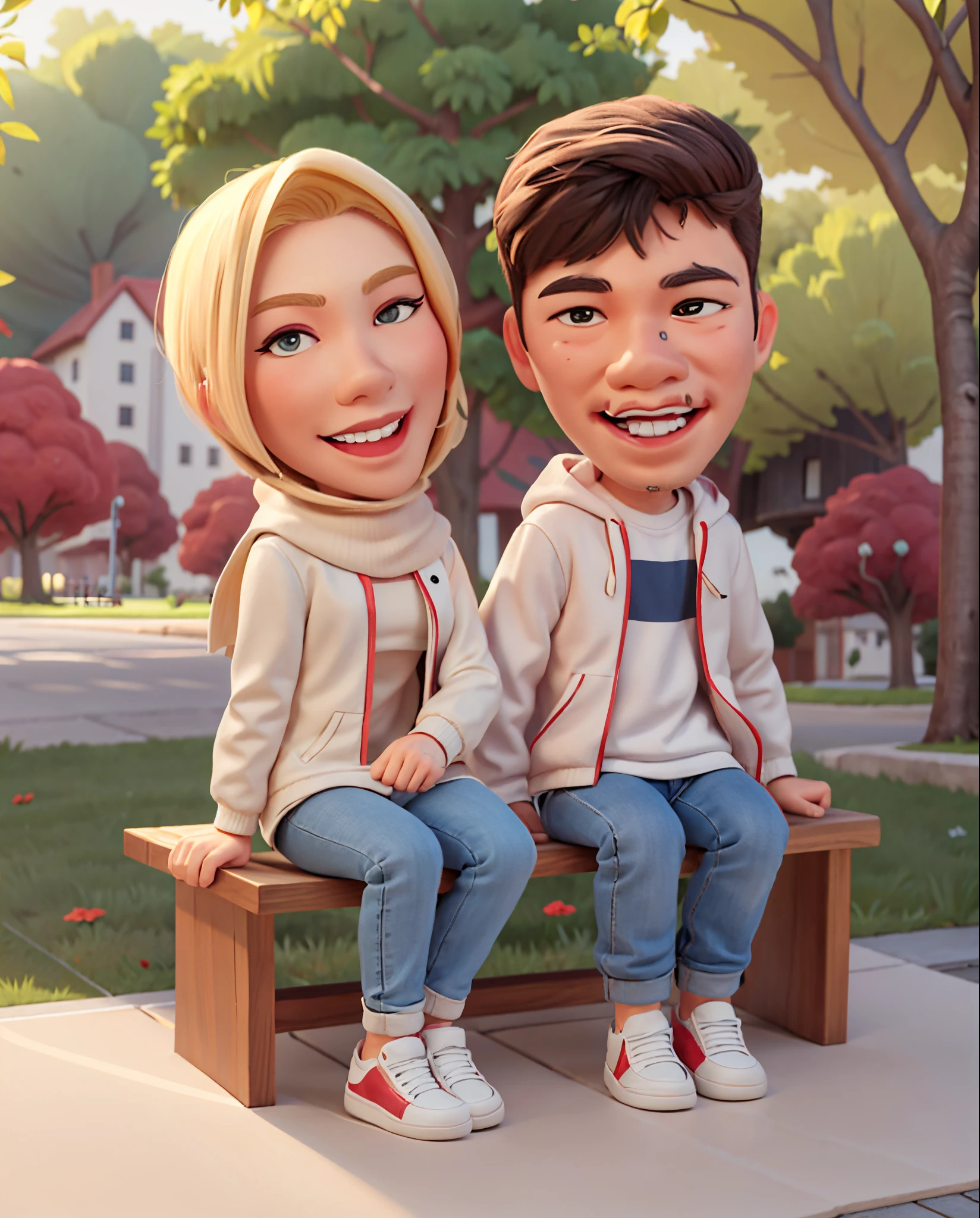 cartoon couple sitting on a bench in a park with trees, digital art cartoon, cartoon artstyle, realistic cartoon, cartoon digital art, in cartoon style, cartoon art style, cartoon art, cartoon digital painting, realism artstyle, caricature illustration, photorealistic!!!!!!! art style, happy couple, cartoon style illustration, cartoon portrait, potrait, digital cartoon painting art, couple