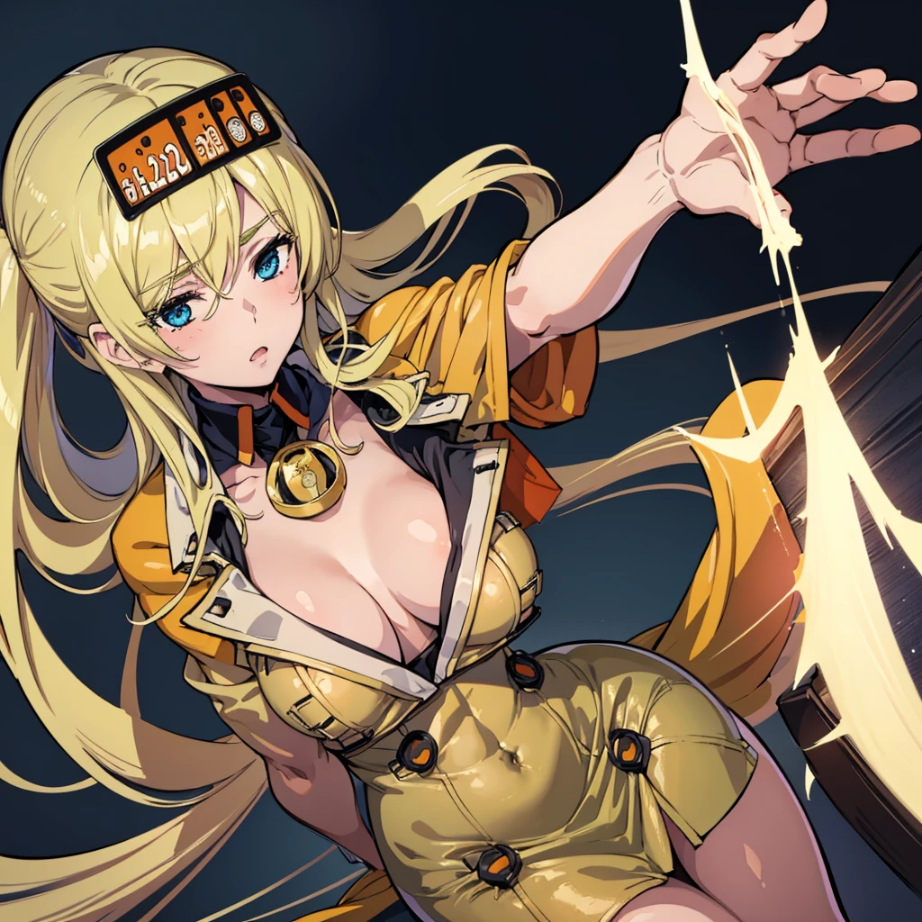 nsfw, masterpiece,(1 boy, pov hands: 1.5) grab breasts ,arms up,blush,large breasts,megami magazine,Millia Rage,guilty gear strive,