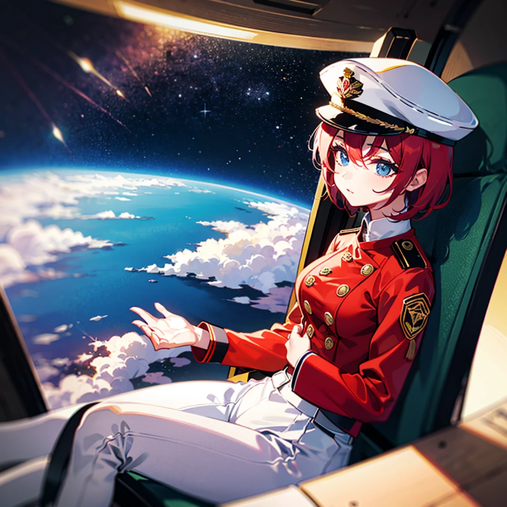 （（（​masterpiece）））、（（（Top image quality）））、（（（top-quality）））、（Illustration of one woman）、30-years old、（Viceroy）、（（Red-haired shorthair））、（Thin hair hanging down both sides of the face）、Blue eyes、（（Tall））、（（Muscle Woman、stocky build、broad shoulders））、（（manspreading））、opening legs、（（Military uniforms））、（（Military Cap））、（（Military coat））、（white  clothes）、（White pants）、（White cap）、trench coat、（（Inside the spaceship、Sitting in the captain's seat））、（Outside the window、kosmos、Earth seen from space、Spaceport）