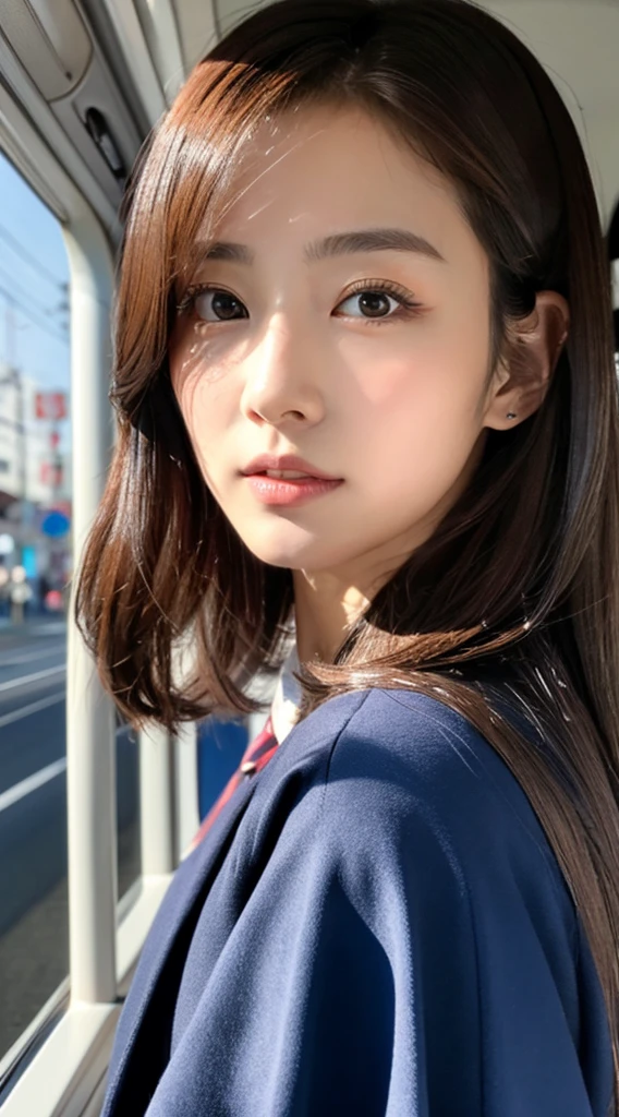 Top image quality、masterpiece、Beautuful Women、japanes、25-years old、full body、On the train、(masuter piece:1.3)、(in 8K、Photorealsitic、Raw photography、top-quality:1.4)、(a girl)、Beautiful expression、(Lifelike face)、(A dark-haired、Realistic eyes beautiful details、(real looking skin)、sky_blue_coat、absurderes、enticing、ultra res、A hyper-realistic、high detal、the golden ratio、Straight face、long、Loose perm、Beautiful Japan Woman、(The whole body is reflected、frontage)