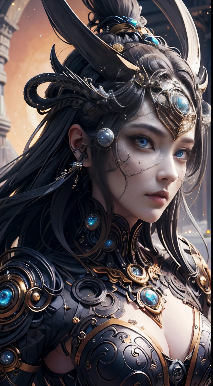 (best qualtiy,ultra - detailed,best best illustration,The best shadow,tmasterpiece,hight resolution,professionalartwork,famousartwork),A detailed eye,beautidful eyes,Close-up cleavage,sci-fy,colored sclera,Robot iAce markings,tattooed,Fractal Eye),largeeyes,largeeyes,(Eye focus),surface focus,the eye of the universe,Spaceeye,Close up of metal sculpture of woman with moon in hair,Welcoming。extremely high detail,3D Goddess Portrait,very knowledgeable goddess,a stunning portrait of a goddess,goddess profile avatar,portrait of a beautiful goddess,Goddess full body close-up,goddess hecate,portrait of a norse moon goddess,goddess of space and time