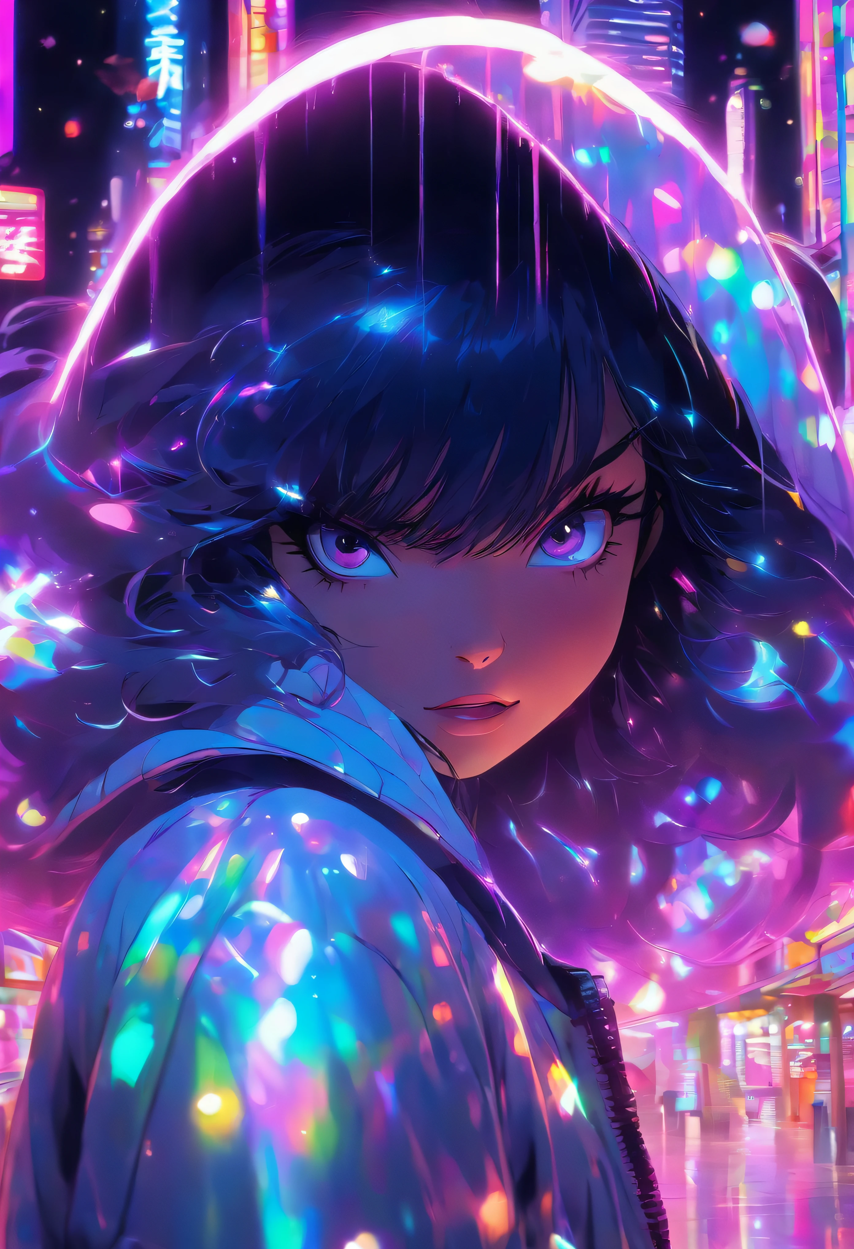 young girl with black layered hair, Straight front bangs, Purple right eye and pink left eye, White holographic jacket with hood, Amusement park neon and night background, different expression, Background bubbles reflecting with light