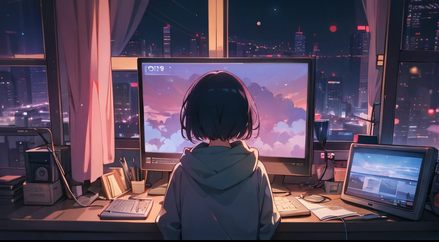 (ultra-detailed), (from behind), (back facing), a girl in front of a computer in a cozy bedroom, (night), in a rooftop, (beautiful night views from windows), lots of stuff, short hair, 2D anime style, 90s anime aesthetic, Lo-fi, highly detailed, Hard disk, anime style mixed with fujifilm, hyper realistic, best quality, 8k, Masterpiece, high resolution