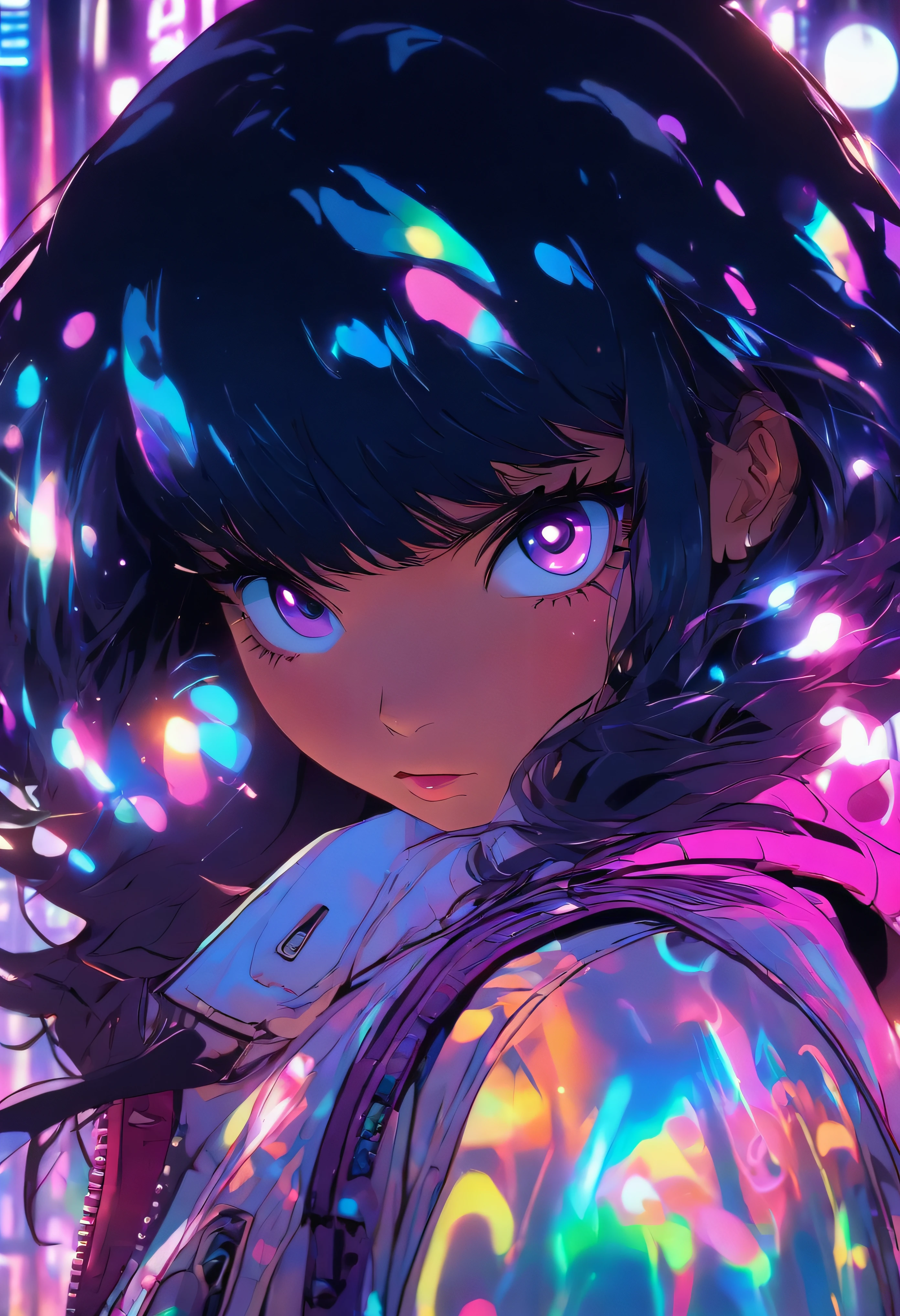 young girl with black layered hair, Straight front bangs, Purple right eye and pink left eye, White holographic jacket with hood, Amusement park neon and night background, different expression, Background bubbles reflecting with light