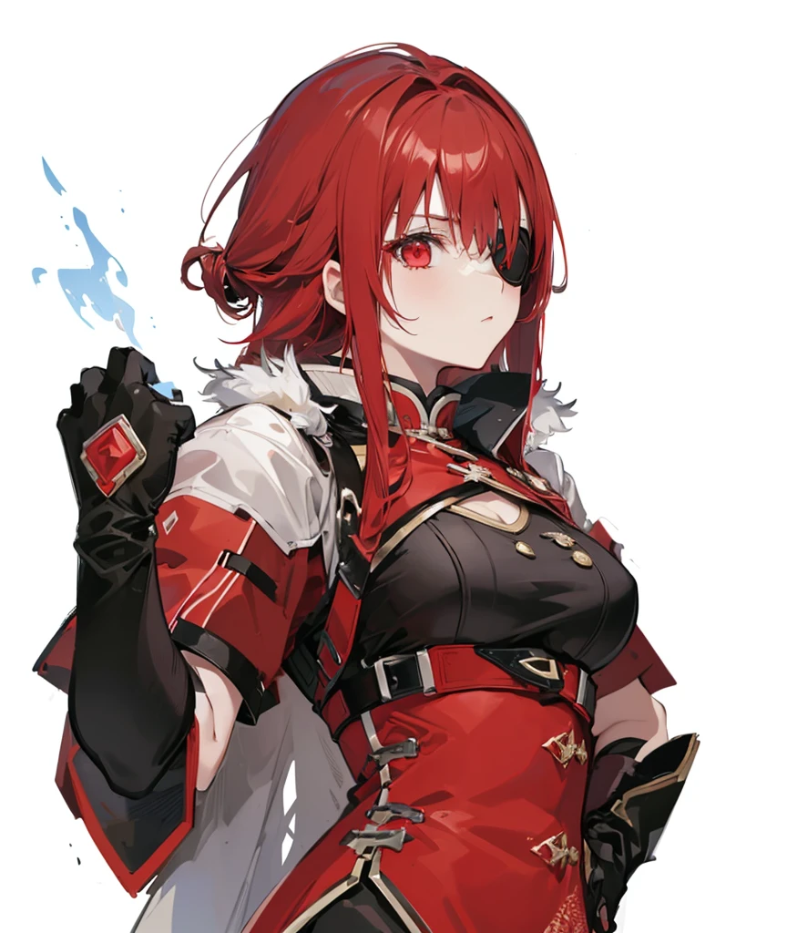 Girl slight side view and hand with long gloves pointing to herself color light red hair and coat red with white with Chinese red with dark Matt on chest her second hand is down with silver pin on her hair with her second eye wearing eye patch red and coat white on back