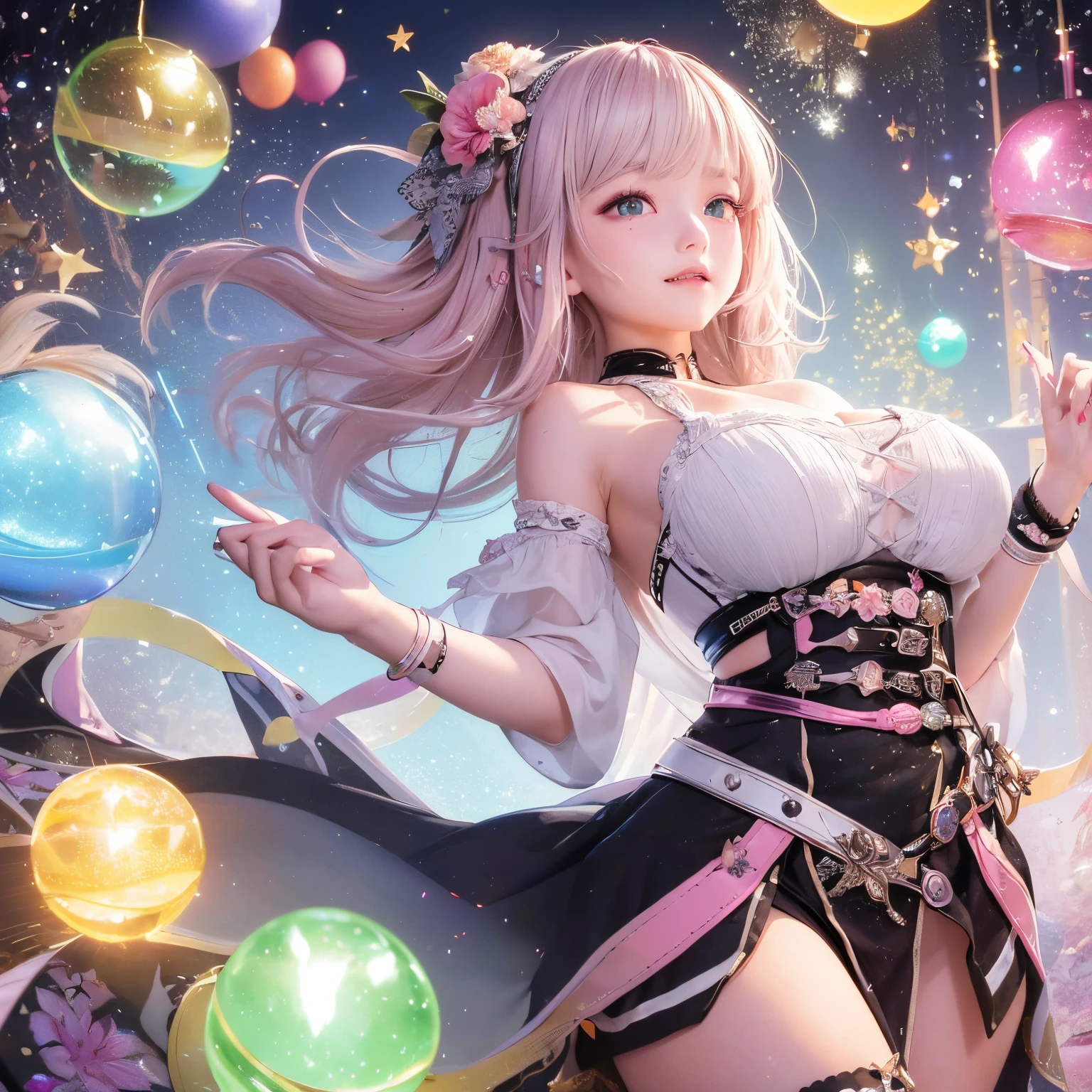 The upper part of the body、one girls、i have silver hair color、Two-tone、(Pink Highlight Hair、Curly hair,floral headband、very Bigger breasts、Sorcerer、whore、idol、garterbelts、off shoulders、Dancing、Jumping、Has a shining wand、Countless glowing spheres float、Glowing soap bubbles、