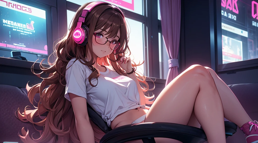Masterpiece, best quality, 1 girl, brown wavy hair, glasses, white tee shirt, pink underwear, sitting in a gamer chair, wearing headphones, looking at viewer, sexy, alluring, erotic, blushing, in front of window, city at night, neon, 80s, synthwave