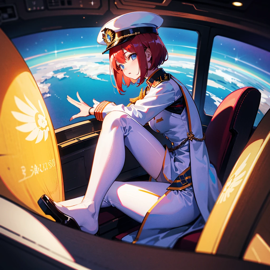 （（（​masterpiece）））、（（（Top image quality）））、（（（top-quality）））、（Illustration of one woman）、30-years old、（Viceroy）、（（Red-haired shorthair））、（Thin hair hanging down both sides of the face）、Blue eyes、（（Tall））、（（Muscle Woman、stocky build、broad shoulders））、（（manspreading））、opening legs、（（Military uniforms））、（（Military Cap））、（（Military coat））、（white  clothes）、（White pants）、（White cap）、trench coat、（（Inside the spaceship、Sitting in the captain's seat））、（Outside the window、kosmos、Earth seen from space、Spaceport）