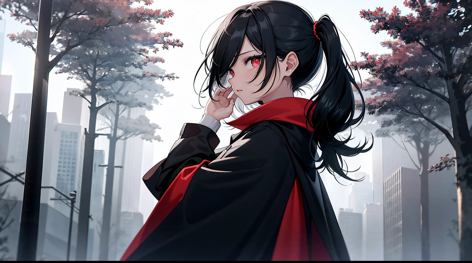 ((tmasterpiece:1.4, Best quality))+, (hyper-detailing)+, (Delicate red eyes:1.5)+, (Detailed ears:1.5), (cute female child), (The shirt:1.5),(white stockings:1.5), Black cloak, Long hair details,Low side double ponytail,no headwear,(White flowers:1.2), pale-skinned, (red cloth:1.5), (Black Martin boots:1.4), Towering trees in the city,Surrounded by huge black trees, The whole city shrouded in thick fog,Giant black crystals are scattered throughout the city,Looking up at tall buildings from the street,flying flowerlack flag,sun in clouds,(Wanderers:1.1), (dawn light:1.2), ), (closeup cleavage:1.1), the only person, Bright black hair, hair covering one eye, Gloom (Expressing the), from back, from the above, Best quality, A high resolution, high detal, high high quality, 16k