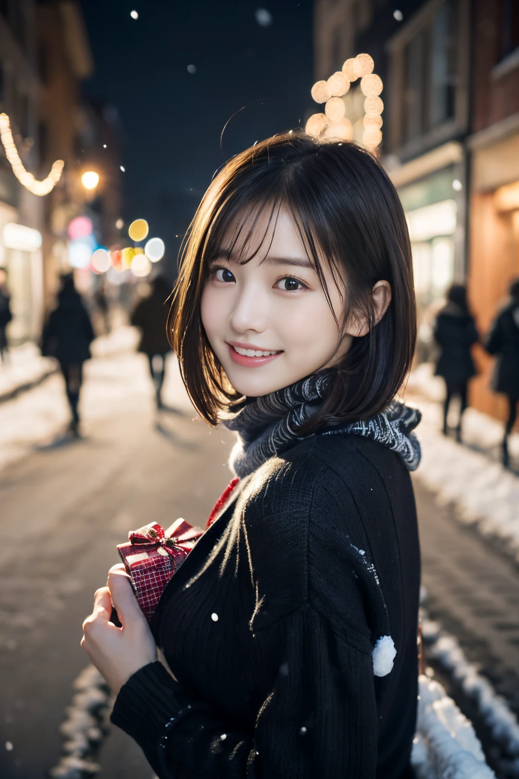 (One girl、she has a gift box in her hand、She has a shy smile and her hair is blowing in the wind.。 :1.3)、(Snowy winter night street corner with Christmas lights:1.5)、(Perfect Anatomy:1.3)、(No mask:1.3)、(complete fingers:1.Phototriaritic、Photography、masutepiece、top-quality、High resolution, delicate and pretty、face perfect、Delicate and beautiful air skin around the eyes、Real Human Skin、pores、(Dark hair),((no-makeup))、(realisitic、Photorealsitic、ultra-detailliert、Highest Details Skins、top-quality、​masterpiece、超A high resolution)、Cute Japan Woman、sixteen years old、hi-school girl、younggirl、1 girl in、I have bangs、二重まぶた、drooing eyes、Large black eyes、Charming、purity、Cute smile、Natural smile、View here、Realistic skin type、Thick muffler、knit sweater fluffy hair、((hair in scarf))、The wind is blowing、It's snowing、illuminations、Lighting from behind、Medium Bob Cut、Do not show ears，eyes are big，slightly flabby eyes，no-makeup，((large udder))，((Voluminous bust))