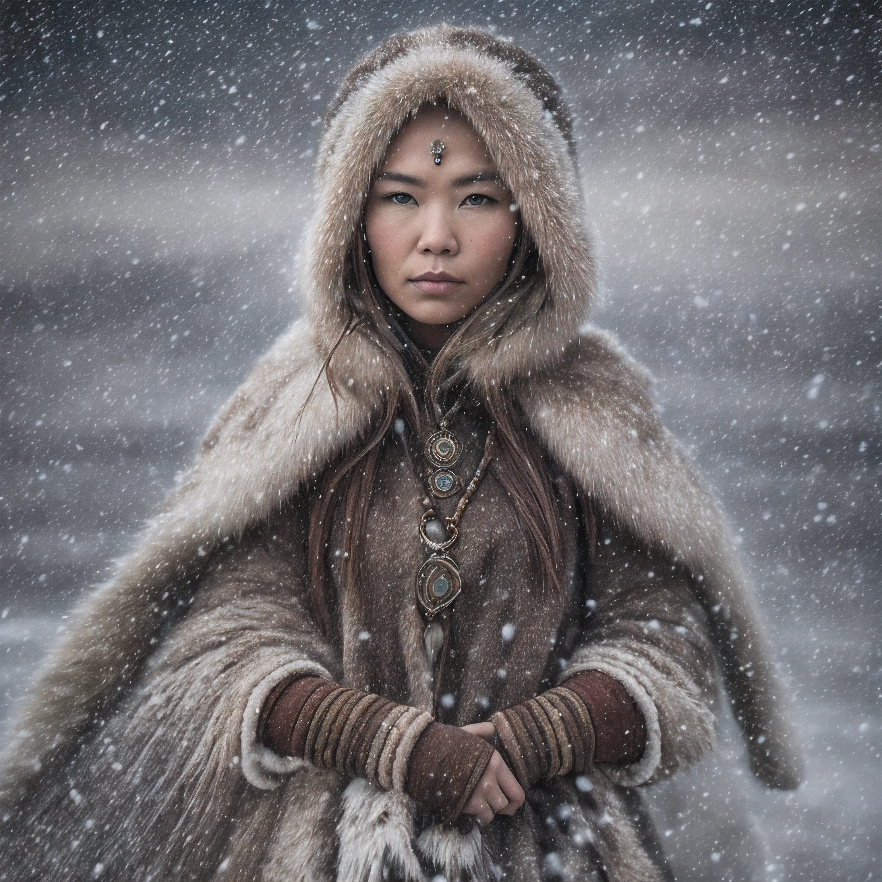 Un retrato cautivador de una mujer del Polo Norte. This is an image inspired by the mystique and resistance of those who live in the Arctic region.. El medio ambiente/El fondo debe representar los paisajes helados y el terreno cubierto de nieve., showcasing the beauty and harshness of the Arctic. The woman must dress in traditional attire that reflects the cultural heritage of the indigenous peoples of the Arctic.. The image should be a high-quality photograph or a digital illustration, capturing the woman's distinct features, such as her warm and wise eyes, Piel besada por el viento, y ropa forrada de piel. The medium shot will provide a balanced view of the woman's face, highlighting her strength and connection to the Arctic environment. The lighting should be soft, capturing the ethereal quality of the polar light. El nivel de detalle deseado es alto, with a resolution that allows for intricate textures and nuances to be visible. El objetivo es crear una imagen que celebre la resiliencia, Wisdom, y la belleza de las mujeres que llaman hogar al Polo Norte, cautivando a los espectadores con su autenticidad y riqueza cultural.