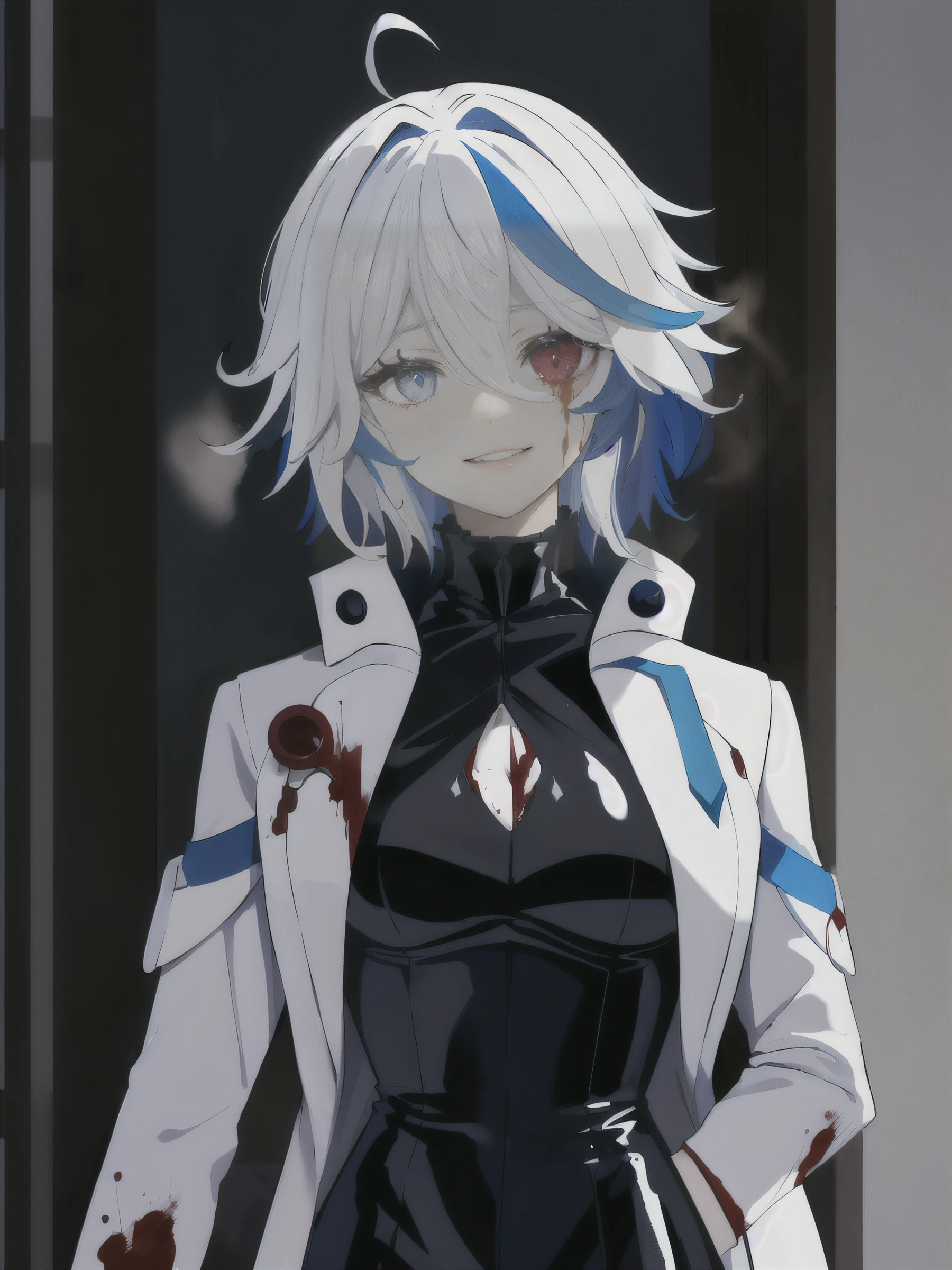 tmasterpiece, Best quality, almero dere, Mad eyes, Sick, blue backdrop, eBlue eyes, empty eyes tired:1.1), eye bags, partially colored, (messy hair:0.9), face expressionless, (looking-down:1.3), (shaded face:1.2), shadows on eyes, seen from the side,Black latex clothing,tightsuit, skin tight, latex,Black Jumpsuit,Black Jumpsuit, shinning clothes, Shiny, steamy,tmasterpiece, Best quality at best, 1 Sister, Forina, genshin impact, White hair, Blue hair,A thin body,Beautiful blood red eyeshadow,white long coat, There are blood stains on the long white coat, Morbid smile, mad smile,face with blood stains