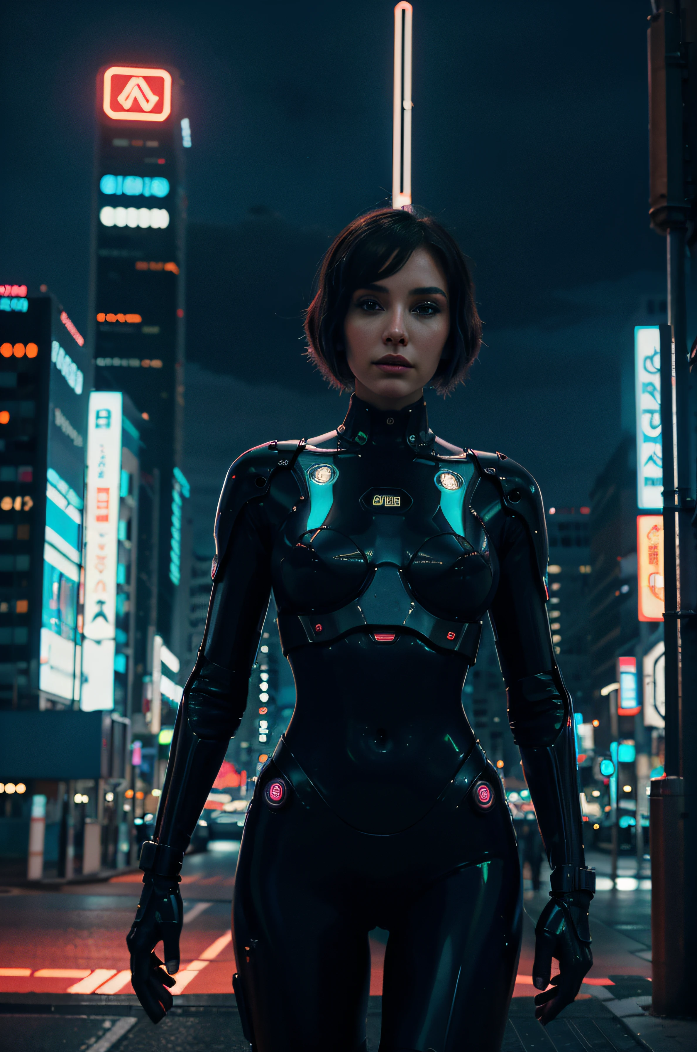 Beautiful biorobot girl, Futurism, ciberpunk, in the city against the backdrop of a futuristic landscape, night time, neon lights, cinematic quality, Masterpiece, high-quality photo