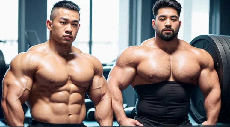 (Very detailed 8k wallpaper), two asian men, muscle worship, arms folded, At the gym, high detailing, buzzcut, very large and strong body, bulging muscles, well-muscled, very large pectoral muscles. Very y abs, legs are muscular, Toned figure, lightens oily skin, muscular, Tank top, T-shirt, longshot, Wide Shot