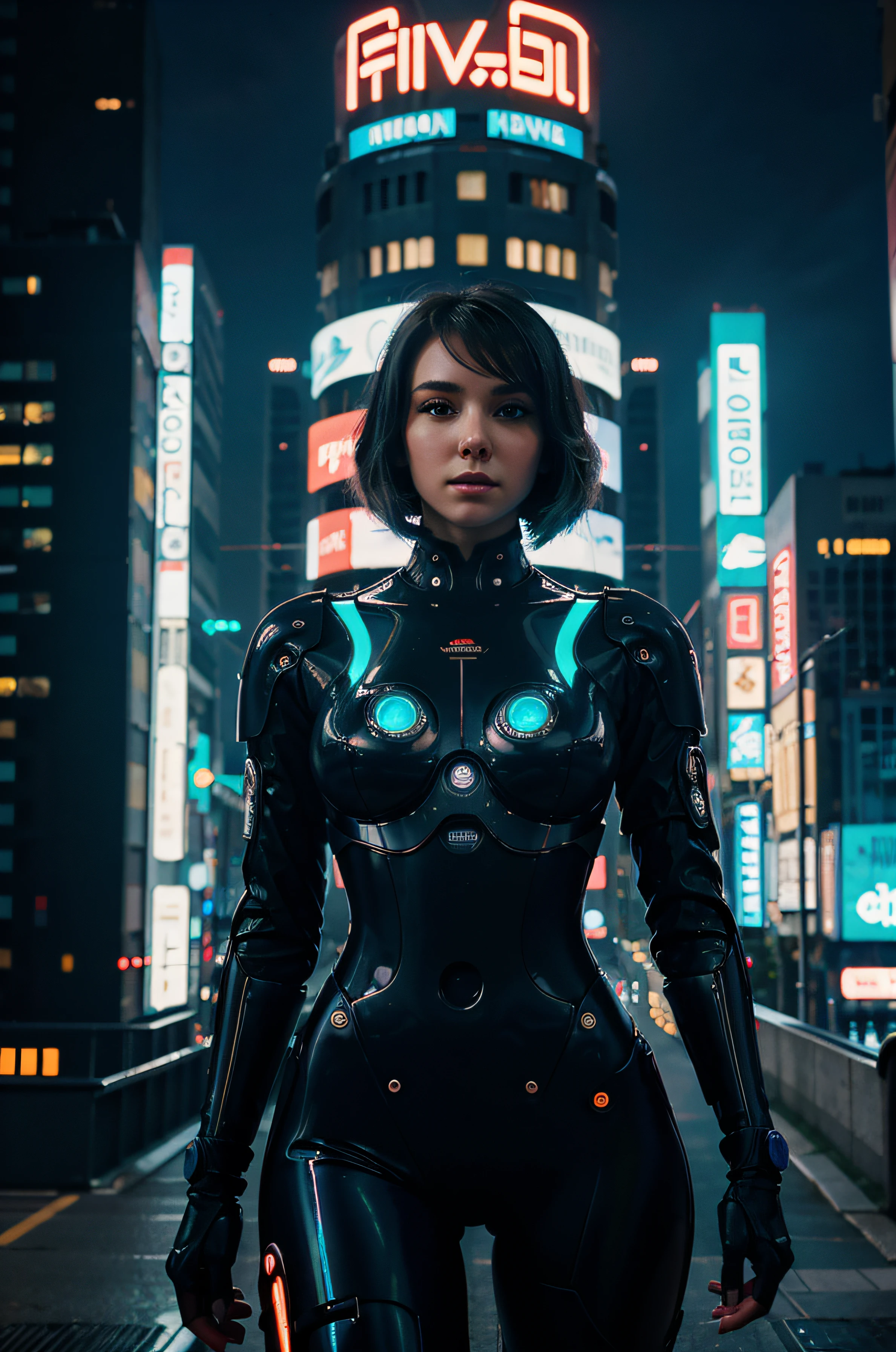 Beautiful biorobot girl, Futurism, ciberpunk, in the city against the backdrop of a futuristic landscape, night time, neon lights, cinematic quality, Masterpiece, high-quality photo