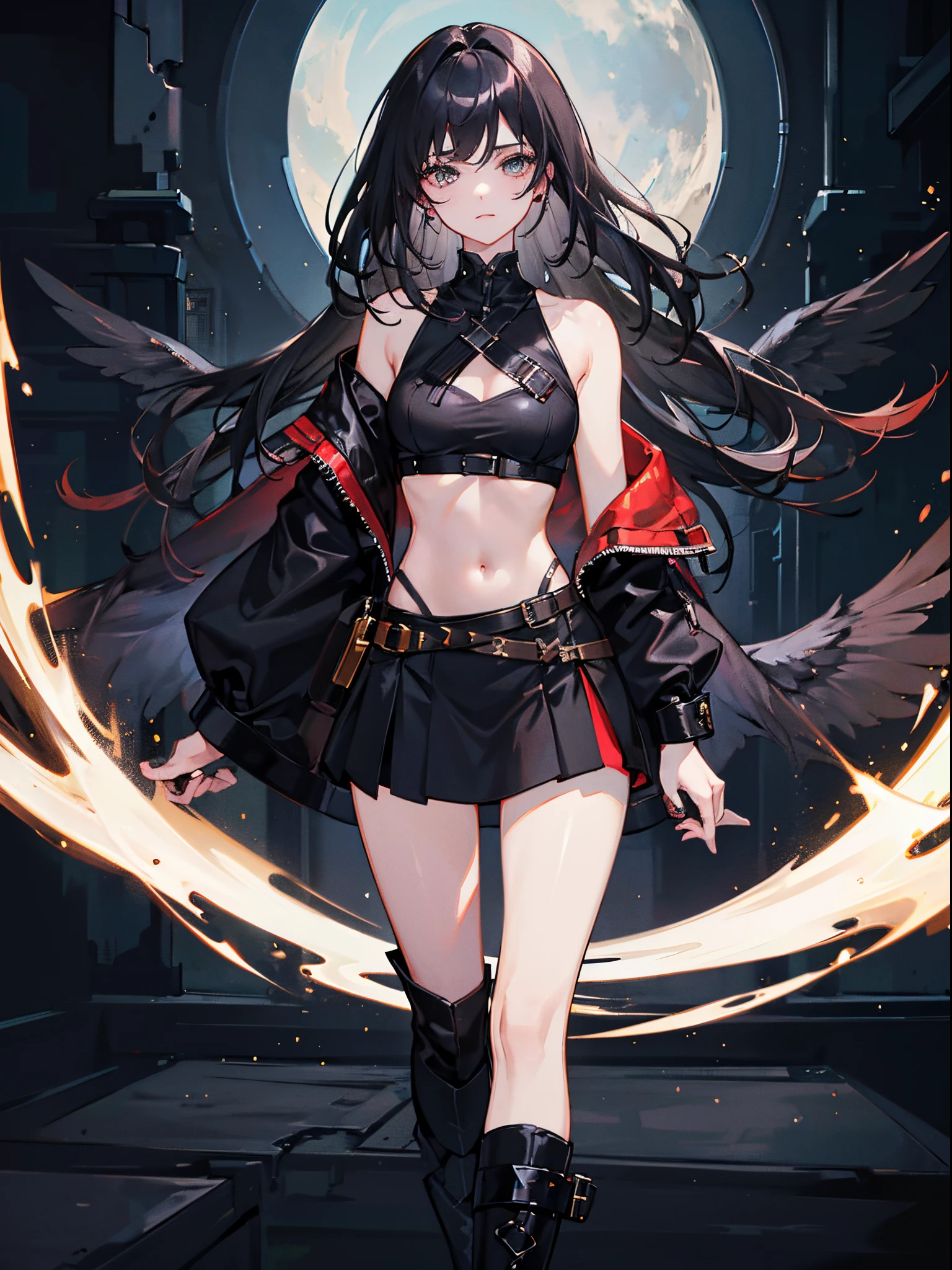 ((Best quality, 8k)), 19 year old female, dark mood atmosphere, dark angel, 1 girl, perfect body, perfect hair, perfect face, pretty, serious, tomboyish, tomboyish looks, warrior, ultra detailed, face, body, lips, hair, eyes, clothes, environments, and skin, waist long hair, pure black hair, pure black eyes, fully clothed with skirt and boots