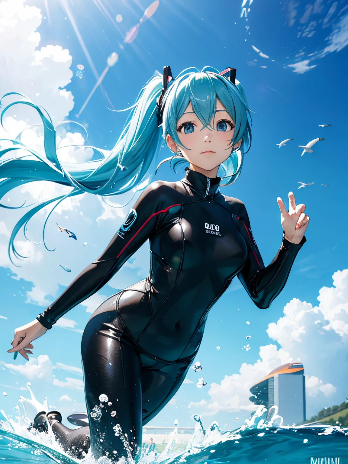 miku hatsune,scuba,a dolphin,Under the sea,Beautiful breasts,wet suit,snorkel