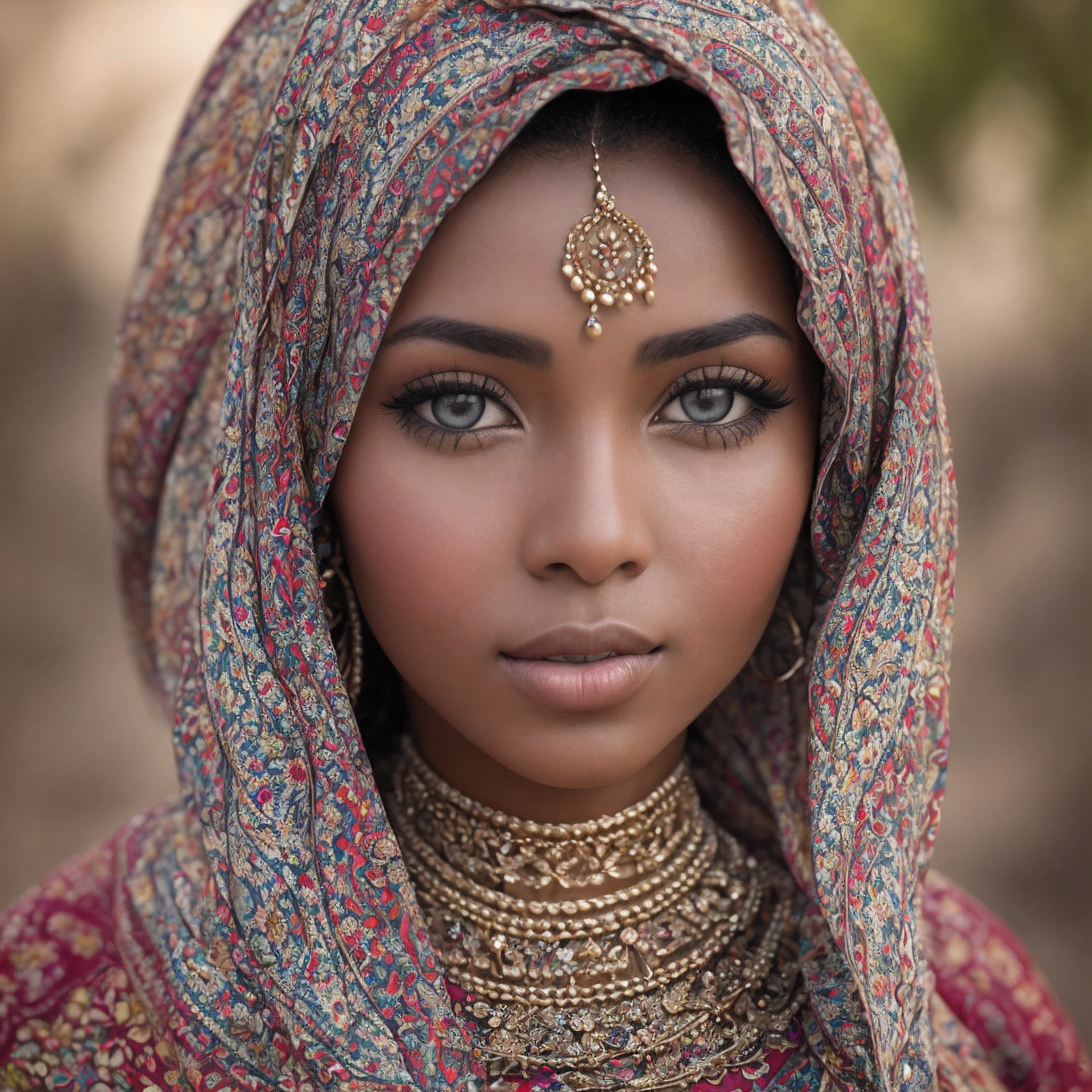 A captivating portrait of a beautiful Somali woman's face. This is an image inspired by the unique beauty and cultural heritage of Somalia. El medio ambiente/antecedentes deben reflejar el rico tapiz cultural de Somalia, such as traditional patterns or landscapes that represent the region. The image should be a high-quality photograph, showcasing the woman's distinct features, incluyendo su tez oscura, ojos expresivos, and graceful features. El plano medio, capturado con un objetivo de 50 mm, will provide a balanced view of the woman's face, destacando su belleza natural e identidad cultural. The lighting should be soft and flattering, enhancing her features and creating depth and dimension. El nivel de detalle deseado es alto, with a resolution that allows for intricate textures and nuances to be visible. The goal is to create an image that celebrates the beauty and diversity of Somali women., cautivando a los espectadores con su autenticidad y riqueza cultural.
