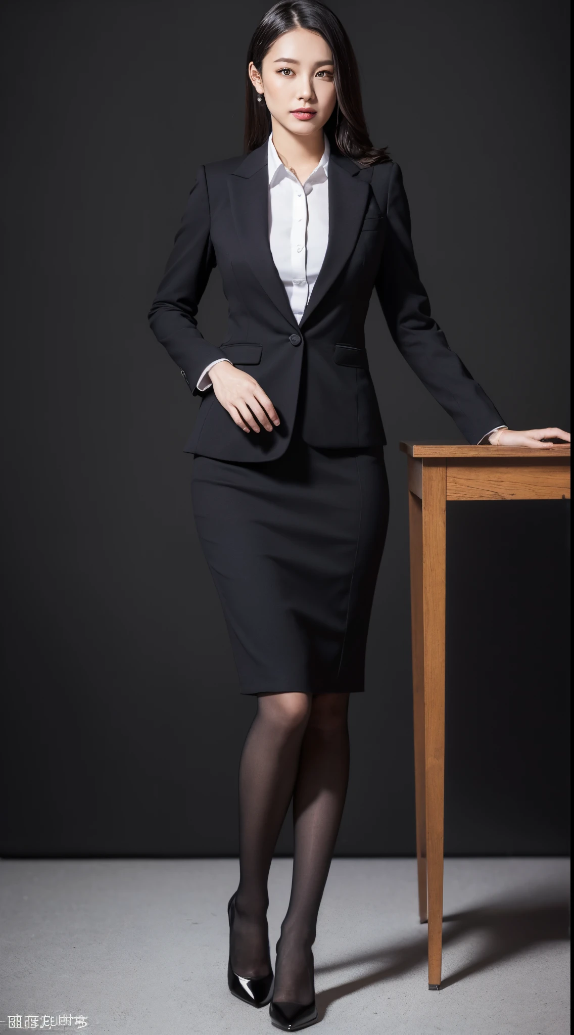 Classy upper-class elite secretary in business shirt, working in an office、Wearing a strict business suit, Wearing pantyhose、Wear high-end high heels、 Girl in a shirt, Wearing a business suit, Wearing a business suit, in a business suit, businesswoman, business clothes, wearing black business suit, Wear shirts and skirts, Woman in business suit, Business attire, business outfit, Raw photo, (8K、top-quality、​masterpiece:1.2)、(intricate detailes:1.4)、(Photorealsitic:1.4)、octane renderings、Complex 3D rendering ultra detail, Studio Soft Light, Rim Lights, vibrant detail, super detailing, realistic skin textures, Detail Face, Beautiful detail eyes, Very detailed CG Unity 16k wallpaper, make - up, (detailedbackground:1.2), Exposed thighs!!!,