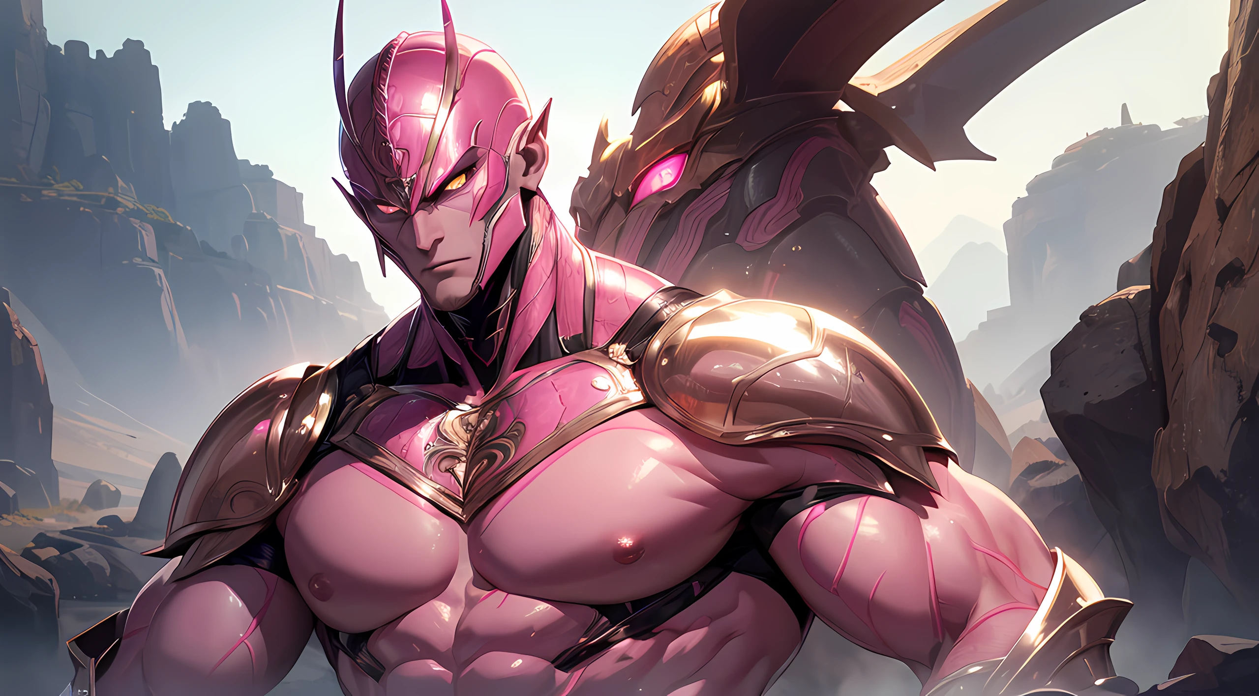 ((absurdres)) perfect whole body, ultra photorealistic, Top quality, Photorealistic, ((16k UHD)), High Definition, high res, ultra sharp, masterpiece, best quality, intricate details, detailed eyes, perfect face detailed face, masterpiece, highly detailed exquisite character art, perfectly detailed anatomy, detailed body, detailed pecs, (((natural light))), ultra-realistic, (((1male))) ((tall muscular man male humanoid)), bald, humanoid pink skin, big eggs, humanoid neon pink skin tone, pink hue, powerful humanoid appearance, pure white eyes, shiny metallic scales, scales. ((metallic Armor)), intimidating face, strong jaw, high cheekbones, antenna, villain pose, in the desert, petaluscular pink humanoid insect))