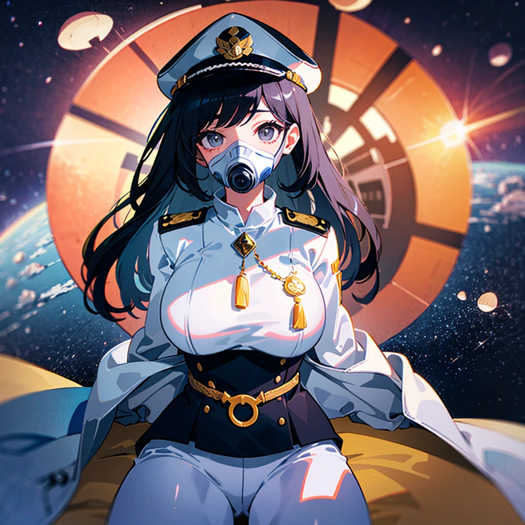 (((masterpiece)))、(((Top image quality)))、(((top-quality)))、(Illustration of one woman)、full bodyesbian、30-years old、(Viceroy)、Black hair bob cut、((Face covering gas mask))、Gray eyes、((Tall))、((huge tit))、((Military uniforms))、((Military Cap))、((Military coat))、(white clothes)、(White pants)、(White cap)、trench coat、((Inside the spaceship、Sitting in the captain's seat))、(Outside the window、kosmos、Earth seen from space、Spaceport)