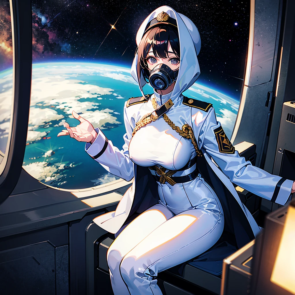 （（（​masterpiece）））、（（（Top image quality）））、（（（top-quality）））、（Illustration of one woman）、full bodyesbian、30-years old、（Viceroy）、Black hair bob cut、（（Face covering gas mask））、Gray eyes、（（Tall））、（（huge tit））、（（Military uniforms））、（（Military Cap））、（（Military coat））、（white  clothes）、（White pants）、（White cap）、trench coat、（（Inside the spaceship、Sitting in the captain's seat））、（Outside the window、kosmos、Earth seen from space、Spaceport）