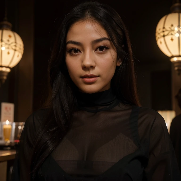 Jeune fille au visage asiatique et silhouette arabe avec 8 visages impressionnants et de grands cheveux noirs avec de longs cheveux noir yeux vert sexy vêtements sexy