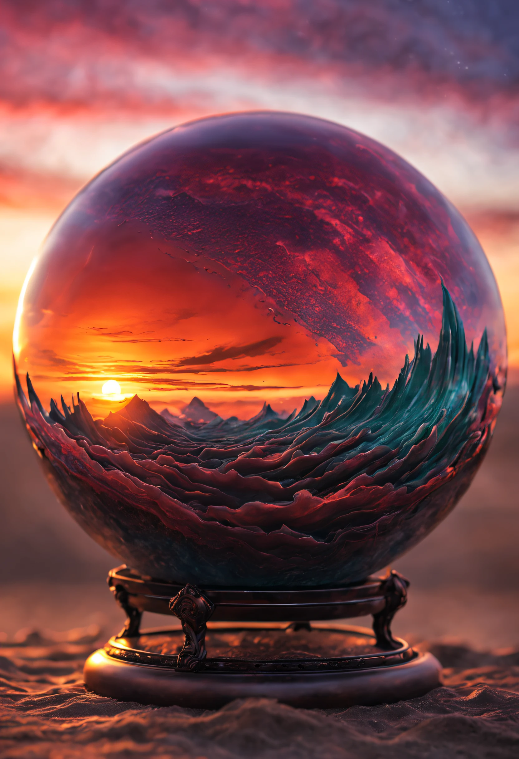 a magnificent sunset on a strange and mysterious alien glass sphere style planete. It's very textured and detailed with dreaming lot of whirlwind and dreaming dust