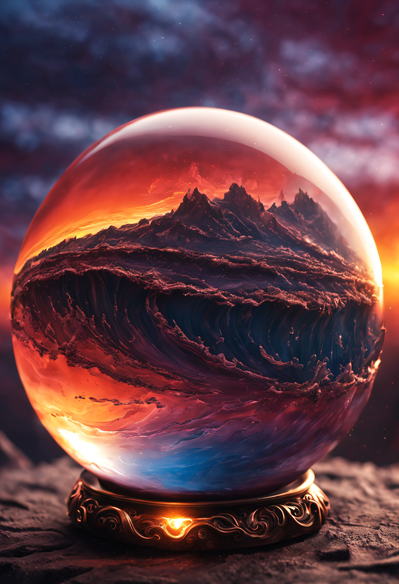 a magnificent sunset on a strange and mysterious alien glass sphere style planete. It's very textured and detailed with dreaming lot of whirlwind and dreaming dust