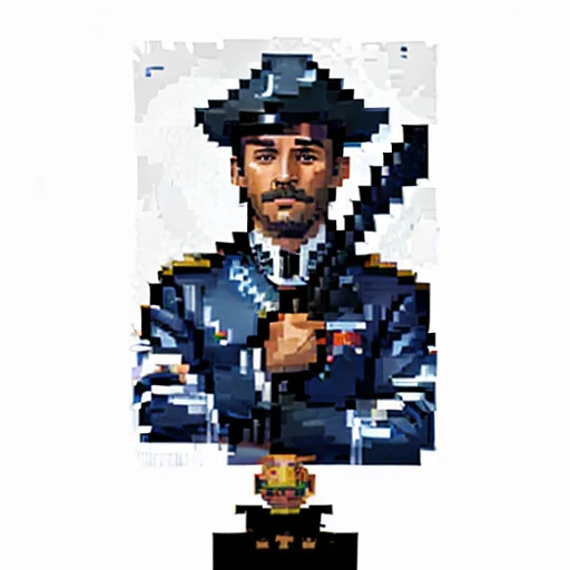 An ultra-detailed, high-resolution, photorealistic masterpiece:1.4 depicting a colonial soldier. The soldier is wearing a blue uniform with a high white collar, and stands proudly in his black tricorn hat. The uniform is exquisitely detailed, showcasing the fine stitching and intricate design. The soldier's eyes emanate determination and his lips are firm. The lighting in the scene highlights the soldier's strong facial features and enhances the realistic quality of the image. The colors in the artwork are rich and vibrant, adding depth and dimension to the overall composition. The background features a colonial-era landscape, with rolling hills and a clear blue sky. The soldier's stance is confident and commanding, portraying a sense of authority and discipline. The artwork is rendered in a classic illustrative style, reminiscent of historical portraits. The attention to detail is unparalleled, with every brushstroke and texture carefully crafted. This ultra-realistic depiction captures the essence of a courageous colonial soldier, evoking a sense of admiration and respect. as well as in the middle of the chest is a red rank sign and the sleeves of the uniform are blue with white cuffs as well as the pants are dark pants that merge into black boots, also he is holding the weapon at the bottom with his right hand while holding the left hand at the top of the barrel, high details, serious facial expression, sharp mustache, intense, Pixel Art Sprite, Video Game Sprite, Symmetrical Portrait RPG Avatar, Full Body Sprite, 2 D Texture