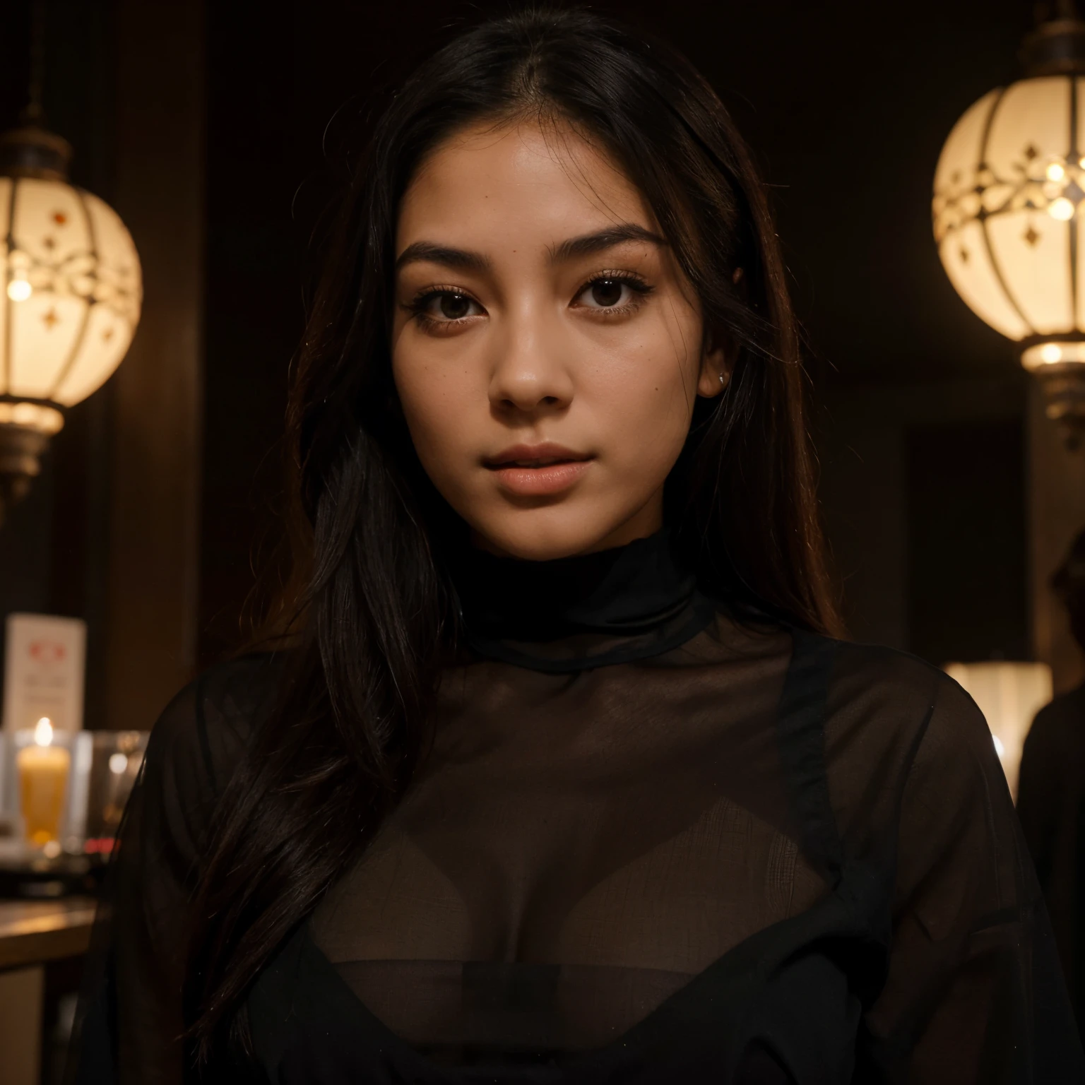 Jeune fille au visage asiatique et silhouette arabe avec 8 visages impressionnants et de grands cheveux noirs avec de longs cheveux noir yeux vert sexy vêtements sexy