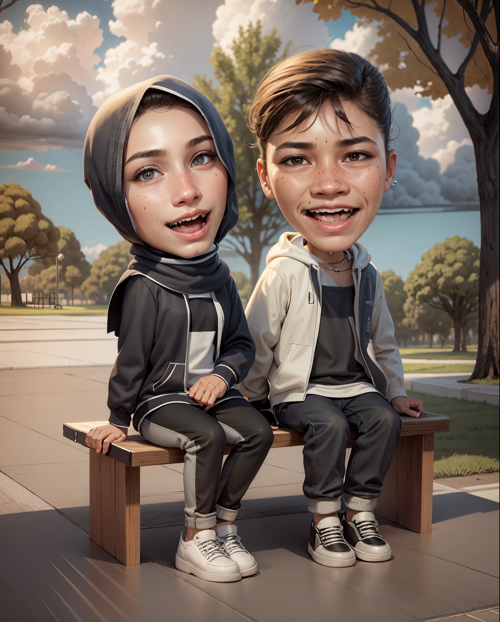 cartoon couple sitting on a bench in a park with trees, digital art cartoon, cartoon artstyle, realistic cartoon, cartoon digital art, in cartoon style, cartoon art style, cartoon art, cartoon digital painting, realism artstyle, caricature illustration, photorealistic!!!!!!! art style, happy couple, cartoon style illustration, cartoon portrait, potrait, digital cartoon painting art, couple