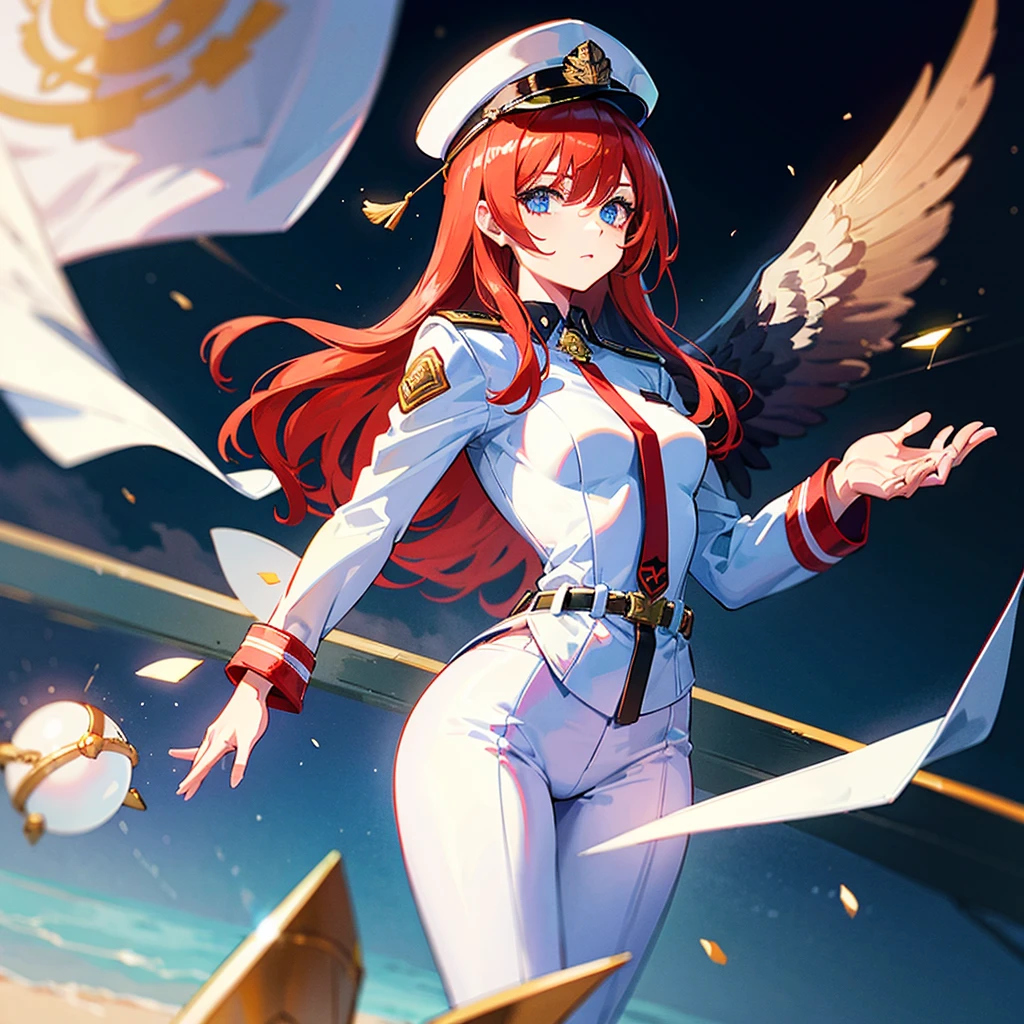 (((masterpiece)))、(((Top image quality)))、(((top-quality)))、(Illustration of one woman)、30-years old、(Viceroy)、((Red-haired shorthair))、(Thin hair hanging down both sides of the face)、Blue eyes、((Tall))、((Muscle Woman、stocky build、muscular legs、broad shoulders、solid chest))、((Military uniforms))、((Military Cap))、((Military coat))、(white clothes)、(White pants)、(White cap)、trench coat、((Spacecraft Bridge))、(Outside the window、kosmos、Earth seen from space、Spaceport)