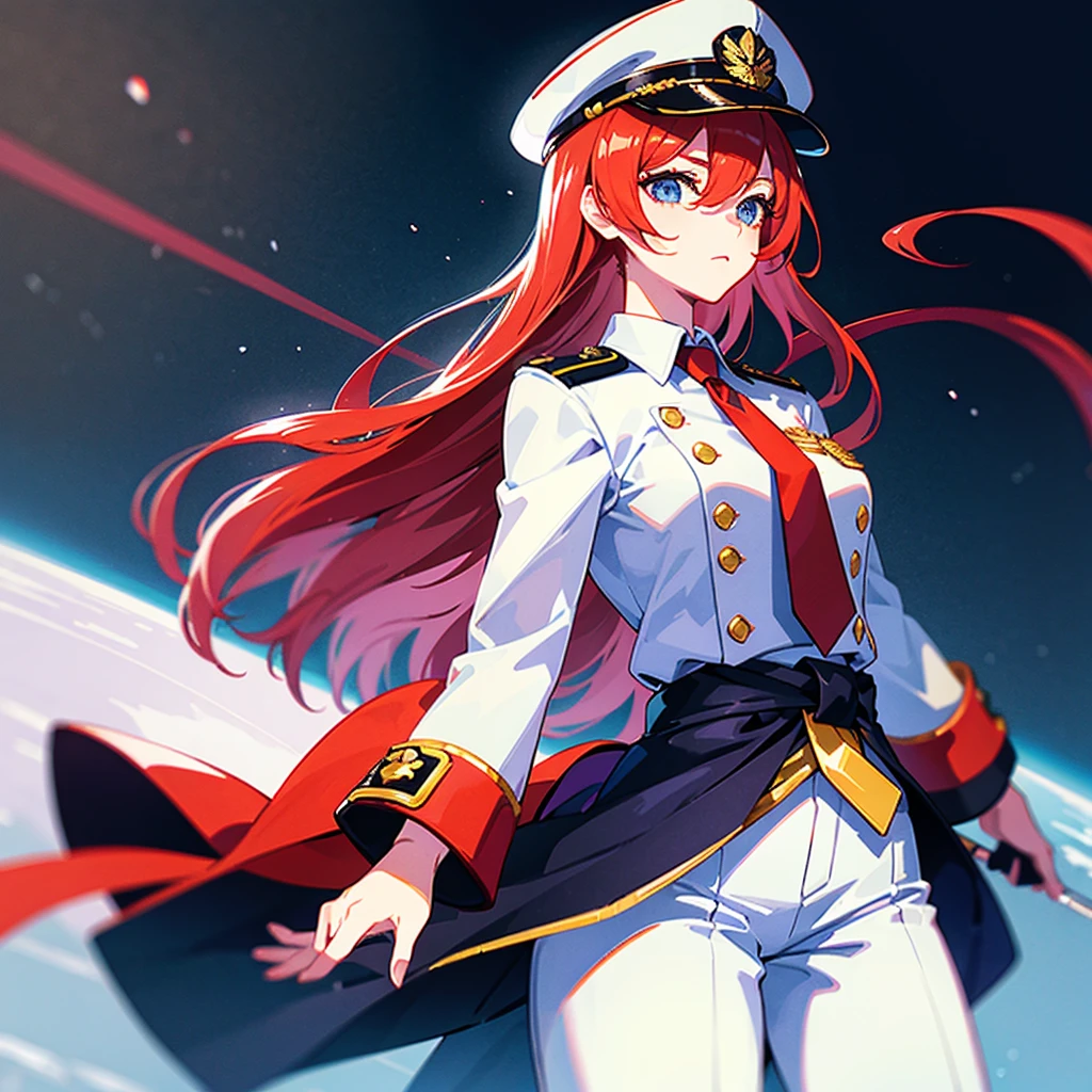 （（（​masterpiece）））、（（（Top image quality）））、（（（top-quality）））、（Illustration of one woman）、30-years old、（Viceroy）、（（Red-haired shorthair））、（Thin hair hanging down both sides of the face）、Blue eyes、（（Tall））、（（Muscle Woman、stocky build、muscular legs、broad shoulders、solid chest））、（（Military uniforms））、（（Military Cap））、（（Military coat））、（white  clothes）、（White pants）、（White cap）、trench coat、（（Spacecraft Bridge））、（Outside the window、kosmos、Earth seen from space、Spaceport）