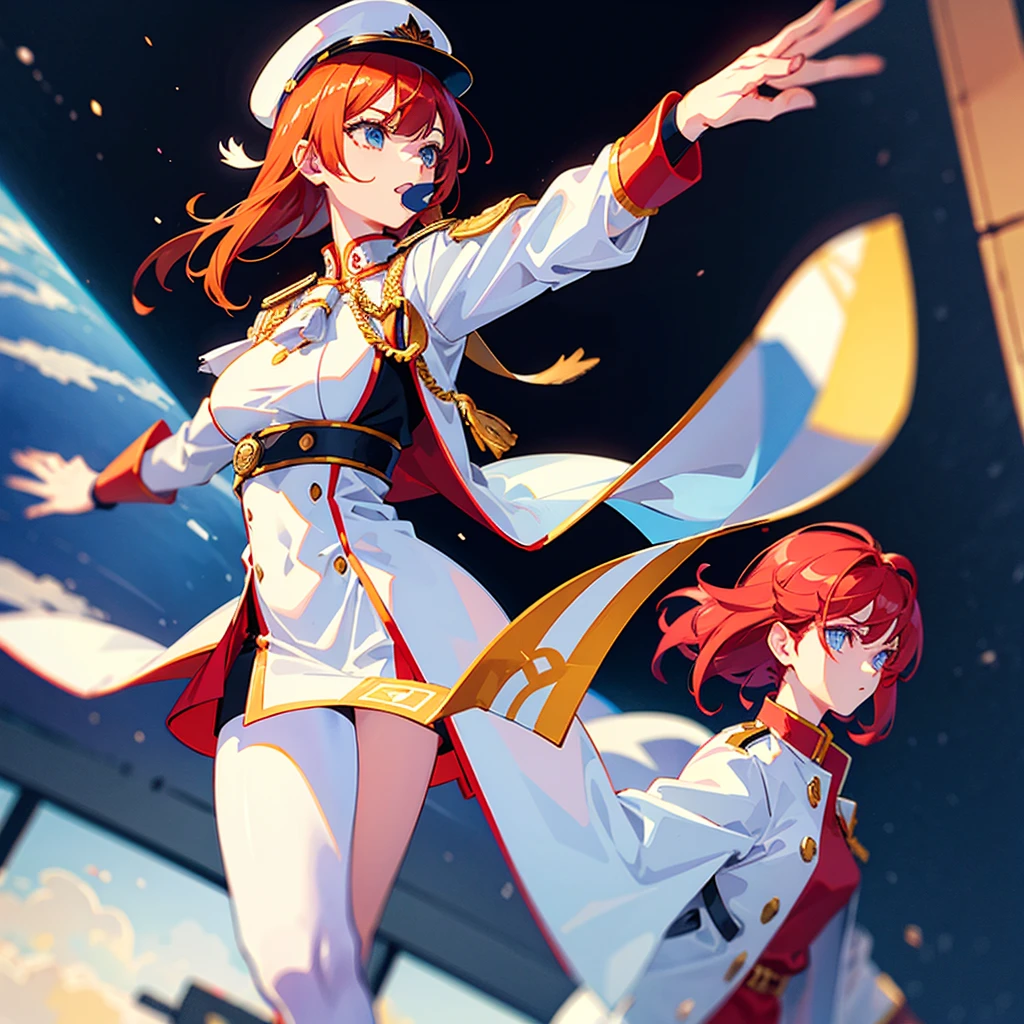 (((masterpiece)))、(((Top image quality)))、(((top-quality)))、(Illustration of one woman)、30-years old、(Viceroy)、((Red-haired shorthair))、(Thin hair hanging down both sides of the face)、Blue eyes、((Tall))、((Muscle Woman、stocky build、muscular legs、broad shoulders、solid chest))、((Military uniforms))、((Military Cap))、((Military coat))、(white clothes)、(White pants)、(White cap)、trench coat、((Spacecraft Bridge))、(Outside the window、kosmos、Earth seen from space、Spaceport)