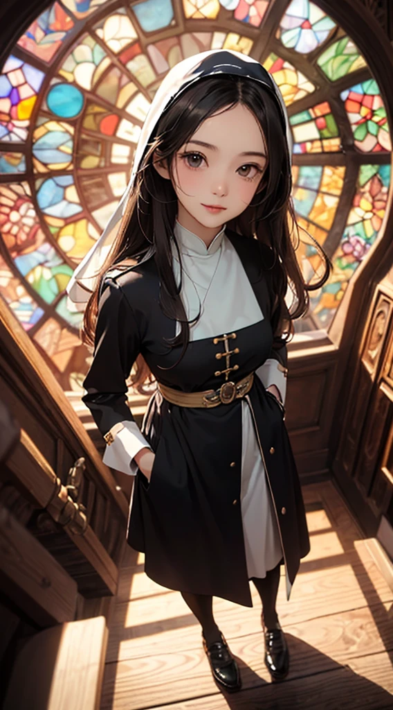 ((8k wallpaper of extremely detailed CG unit, masterpiece, hight resolution, top-quality)), (Beautiful nun, Smile, Hands in pockets:1.5, Wearing a black monastic uniform:1.2, Wearing tights:1.2), ((extra detailed face, Highly detailed black eyes, extra detailed body, Top quality real texture skins)), (A dark-haired, length hair, de pele branca), (chies, stain glass:1.3, Warm light), (high-angle:1.2, Fisheye:1.3), hyper realisitic, digitial painting,