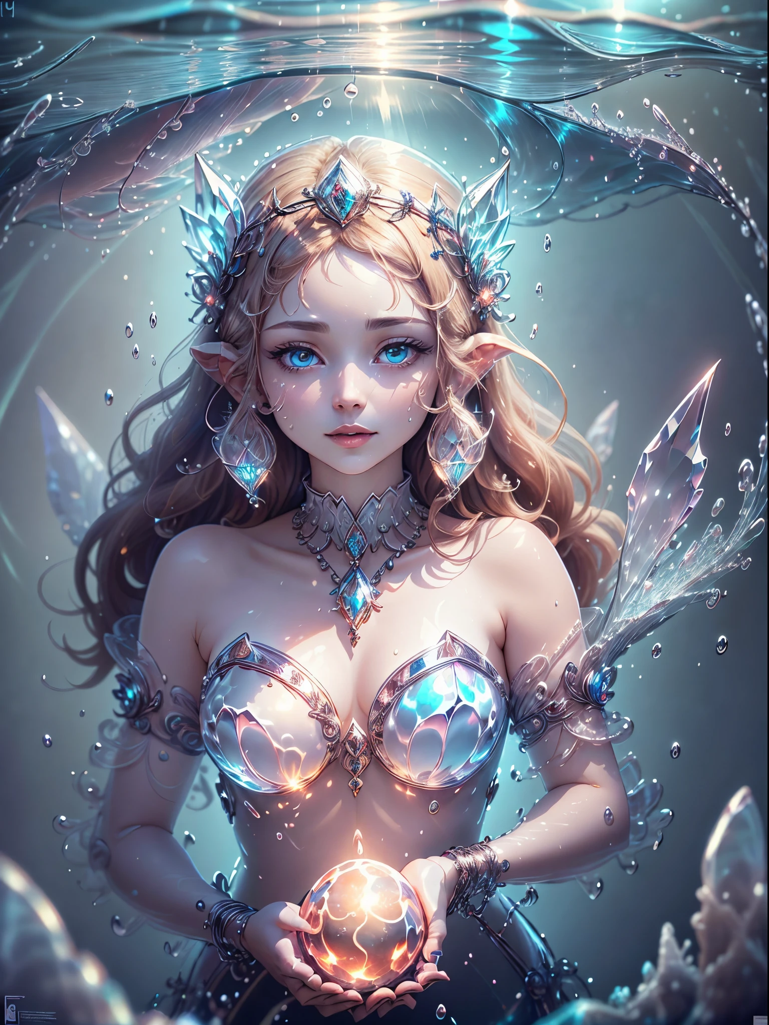 (a close medium portrait of a graceful water goddess with beautiful clear eyes, luminance brown and blond hair, crystal decorations, wears a transparent crown on her head, a mystical being of ethereal beauty, holding a magic spell, amidst an underwater place, a sun-dappled in the water that exudes an air of ancient magic and wonder.) A centerpiece, aura of enchantment, exquisite details, delicate features, captivating presence, transparent, confident expression, glow with stunning luminous clear radiance, sharp focus, dreamy lights, UHD, HD, 8K