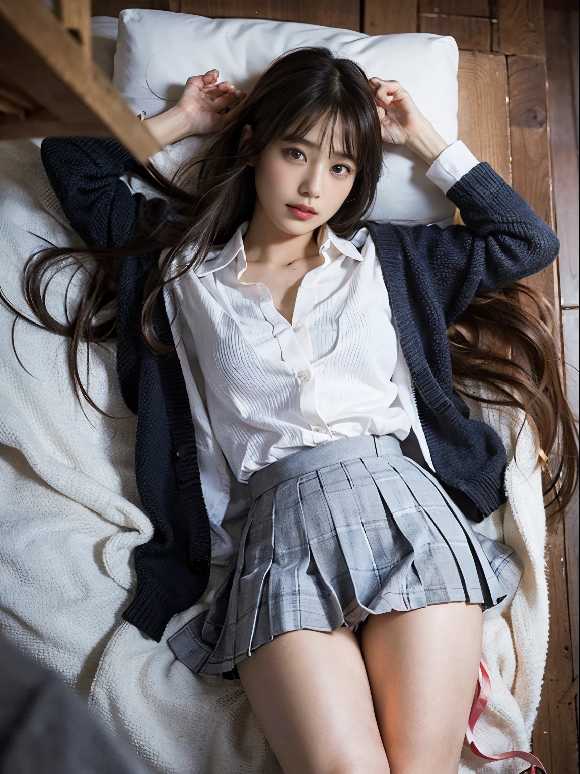 (masutepiece:1.2, top-quality), (Realistic, Photorealistic:1.4),
Looking at Viewer, Full body,
1 girl, Japanese, High School Girl, (Long hair:1.5), blown hair, Bangs, hair between eye, Large breasts:0.8,
Beautiful hair, Beautiful face, Beautiful detailed eyes, Beautiful collarbone, Beautiful body, Beautiful chest, beautiful thigh, Beautiful legs, beautiful fingers beautiful scenery), , School,
((Collared shirt, White shirt, School uniform, Cardigan, Grey plaid pleated skirt、Red ribbons))、
Smile, ,masterpiece、top-quality、hight resolution、report、in a house、Undressed、bra very、Side tie T-back、sprawl、From above、Outstretched arms、irate、a bed、Disturbed clothing、Rough breath、Sexual facial expressions