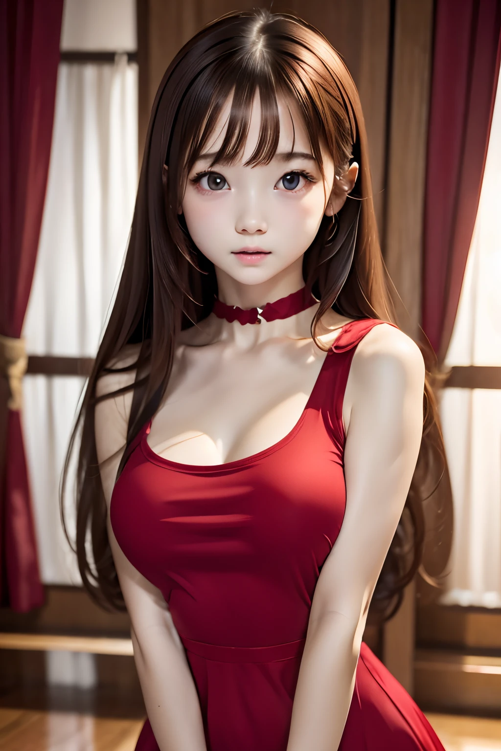 RAW shooting、Photorealsitic、masuter piece、one girls、a baby face、Very cute、Slender and beautiful、((small tits:1.2))、７Head and body、Meticulously drawn eyes、Attractive eyes、Twin-tailed、bangss、a choker、Red dress、Chess gangte sleeveless dress with bold opening、Anguished poses、Luxurious room、blurry backround