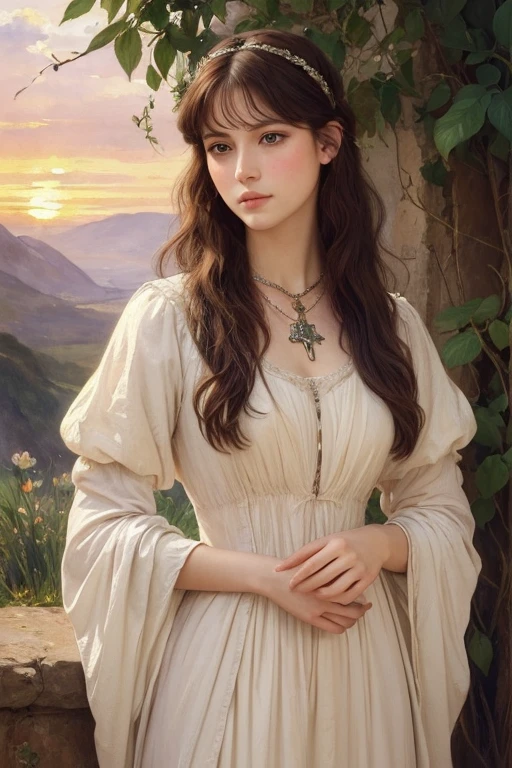 ((Watercolor by Sargent))、(top-quality、masterpiece)、softlight、Photorealistic full length european young slim athletic woman, Classic Magician, Gothic, Blue eyes, Dark makeup, short dark pink hair, Jeweled sparkling headband, Natural pale skin texture, Heavy Silver Jewelry, Body Jewelry, Wielding magic, Lightning, Red sunset, Volcanic mountain landscape background, low illuminance, Finely drawn face, Finely drawn hands, High quality, Photorealism, A MILF, pre-raphaelite, j.で. Waterhouse, Alma Tadema
