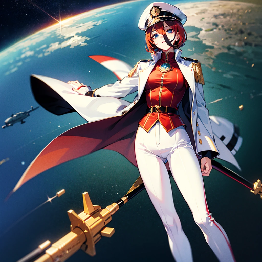 (((masterpiece)))、(((Top image quality)))、(((top-quality)))、(Illustration of one woman)、30-years old、(Viceroy)、((Red-haired shorthair))、(Thin hair hanging down both sides of the face)、Blue eyes、((Tall))、((Muscle Woman、stocky build、muscular legs、broad shoulders、solid chest))、((Military uniforms))、((Military Cap))、((Military coat))、(white clothes)、(White pants)、(White cap)、trench coat、((Spacecraft Bridge))、(Outside the window、kosmos、Earth seen from space、Spaceport)