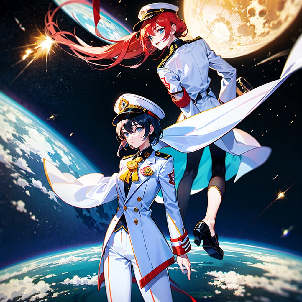 （（（​masterpiece）））、（（（Top image quality）））、（（（top-quality）））、（Illustration of one woman）、30-years old、（Viceroy）、（（Red-haired shorthair））、（Thin hair hanging down both sides of the face）、Blue eyes、（（Tall））、（（Muscle Woman、stocky build、muscular legs、broad shoulders、solid chest））、（（Military uniforms））、（（Military Cap））、（（Military coat））、（white  clothes）、（White pants）、（White cap）、trench coat、（（Spacecraft Bridge））、（Outside the window、kosmos、Earth seen from space、Spaceport）