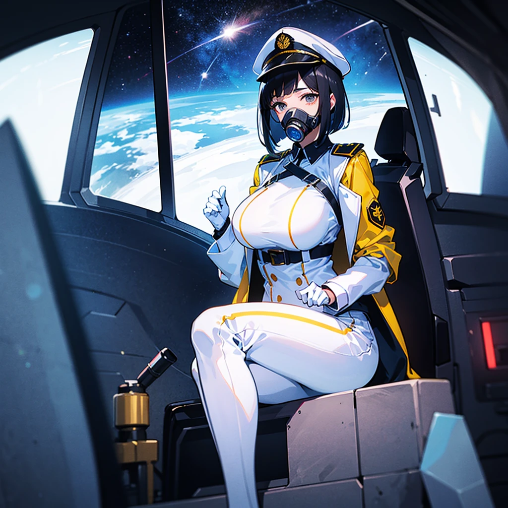 (((masterpiece)))、(((Top image quality)))、(((top-quality)))、(Illustration of one woman)、full bodyesbian、30-years old、(Viceroy)、Black hair bob cut、((Face covering gas mask))、Gray eyes、((Tall))、((huge tit))、((Military uniforms))、((Military Cap))、((Military coat))、(white clothes)、(White pants)、(White cap)、trench coat、((Inside the spaceship、Sitting in the captain's seat))、(Outside the window、kosmos、Earth seen from space、Spaceport)