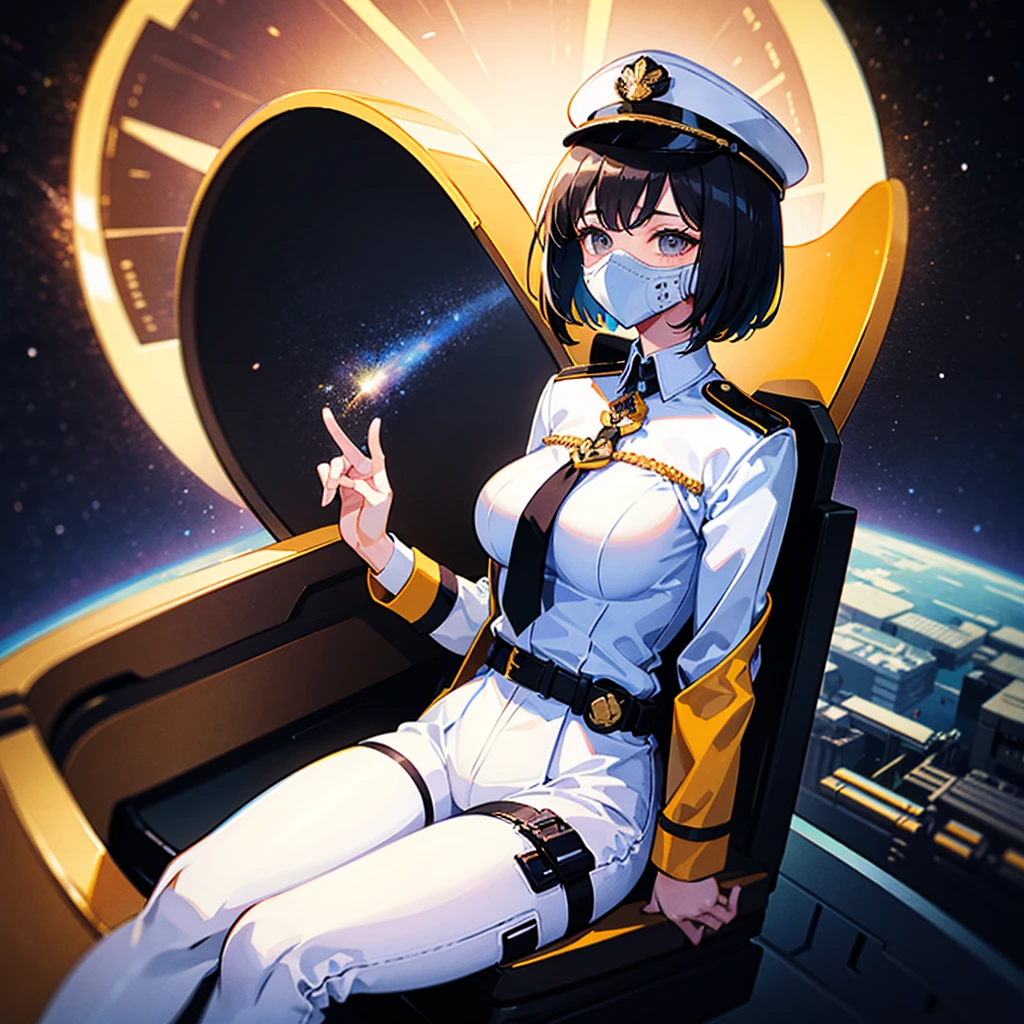 (((masterpiece)))、(((Top image quality)))、(((top-quality)))、(Illustration of one woman)、full bodyesbian、30-years old、(Viceroy)、Black hair bob cut、((Face covering gas mask))、Gray eyes、((Tall))、((huge tit))、((Military uniforms))、((Military Cap))、((Military coat))、(white clothes)、(White pants)、(White cap)、trench coat、((Inside the spaceship、Sitting in the captain's seat))、(Outside the window、kosmos、Earth seen from space、Spaceport)