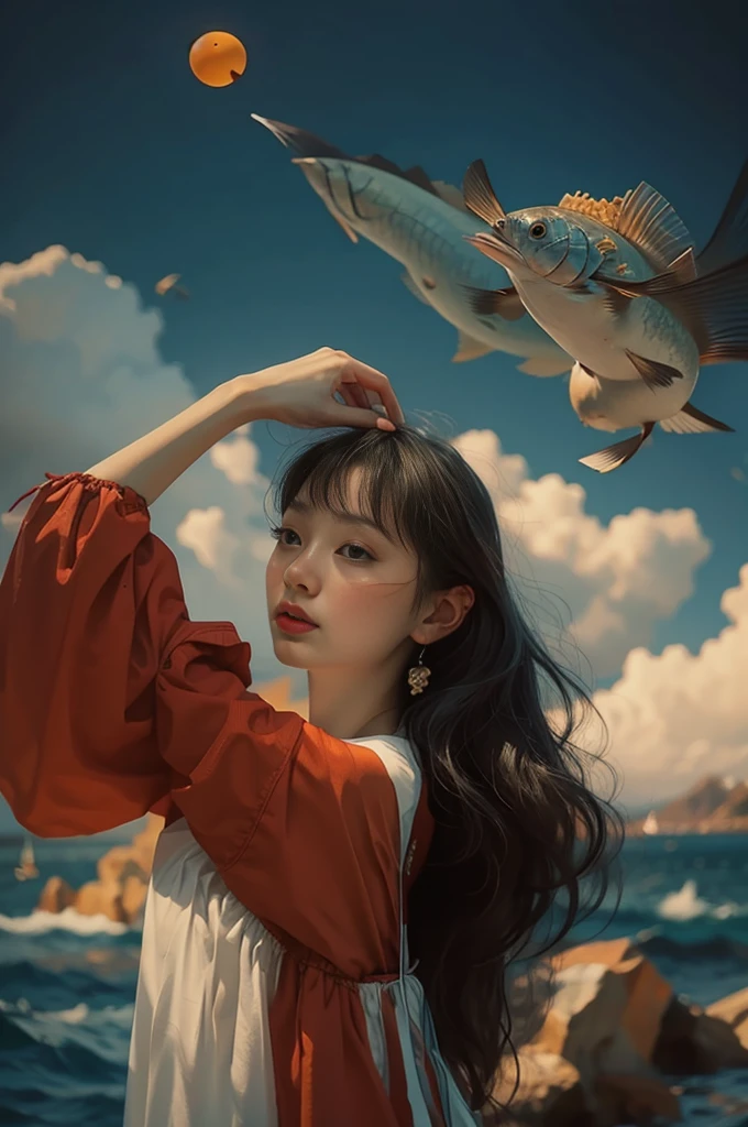 woman, brunette color hair, At sea, flying goldfish, dive, The fish, Close-up of face, number art, designig breasts beautiful,