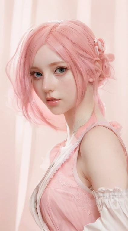 (a girl with) Pink hair, (wearing a) cute ta dress with exquisite details, (in) ultra-high quality 8K resolution, (featuring) fine texture, (against a) pure white background.