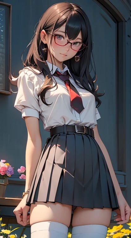 (Long black straight hair)、 Standing facing the front 、Full body posture、 (A detailed eye、二重まぶた、eye glasses、embarrassed from)、 (School Uniforms:1.3)、(tight super mini pleated skirt:1.3)、(Skirt lift:1.3)、(Showing white tight micro panties:1.3)、(garterbelts:1.3)、(thigh-high socks:1.3)、) 、((Cameltoe:1.3)、(Model body type、Slim waist)、Medium Butt、medium thigh、(zettai ryouiki:1.3)))、(5Fingered hand、Highly detailed facial and skin texture)、 (ultra close up:1.3)、Focus on the crotch、(From below:1.2))、((top-quality、8K,masterpiece:1.3))、(Beautiful woman with perfect figure:1.4)、(Many colorful flowers bloom in the background:1.3)