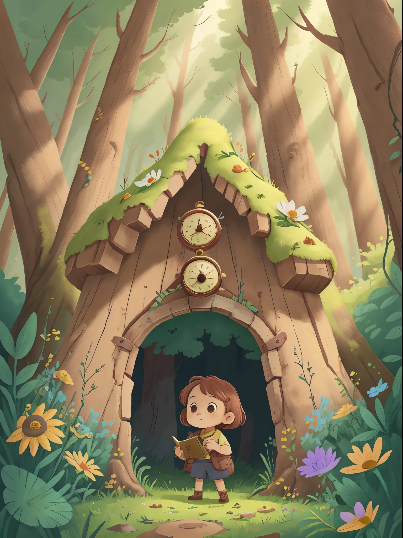 *********** stands at a mysterious entrance filled with wild flowers and tall trees，Curious expression，Holding a treasure map and compass in hands，