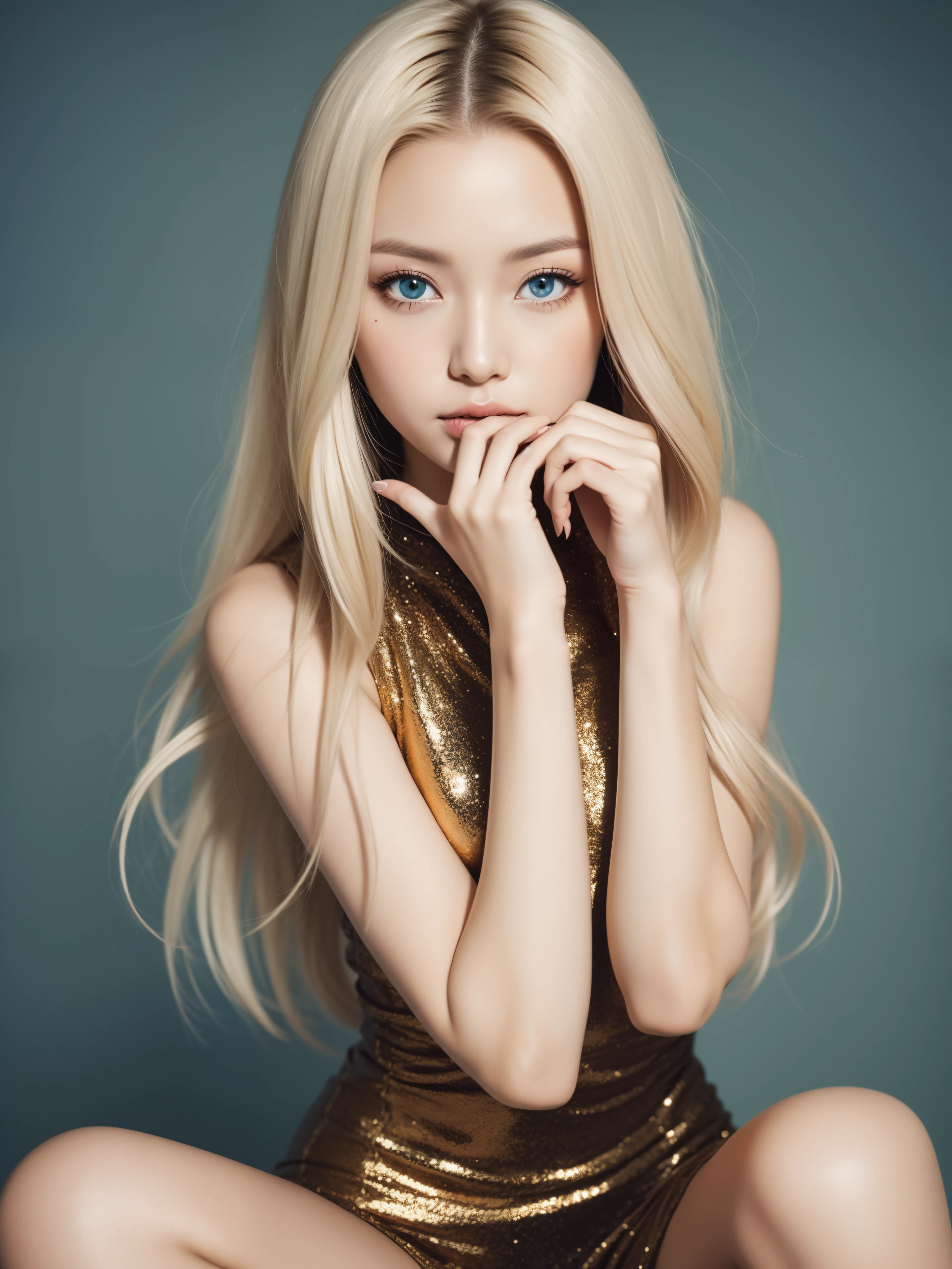Beautiful woman in fantastic space, Tight micro dress white and gold color, 98k, {{masutepiece}}, Best Quality, High quality:1.4), {{[[front look}}, eye_Contact,Various photo actions)]], Very Clean Face, And very pretty eyes, Cute Images, Cute Images, {{A half body}}, {{{{{{{{Long legs}}}}}}}}, {{{{slim }}}}, {{{{{{Tall Woman}}}}}}, {{Height 177 cm}}, Solo, Beautiful, lovely, Adorable, pale skin, {{18〜22-year-old German girl}}, Beautiful German girl with platinum blonde hair color with blue or green eyes), scandinavian young japanese girl, {{{{{{{{{{Half Girl}}}}}}}}}}, {{{{{{{{{{high_heels}}}}}}}}}},japanes